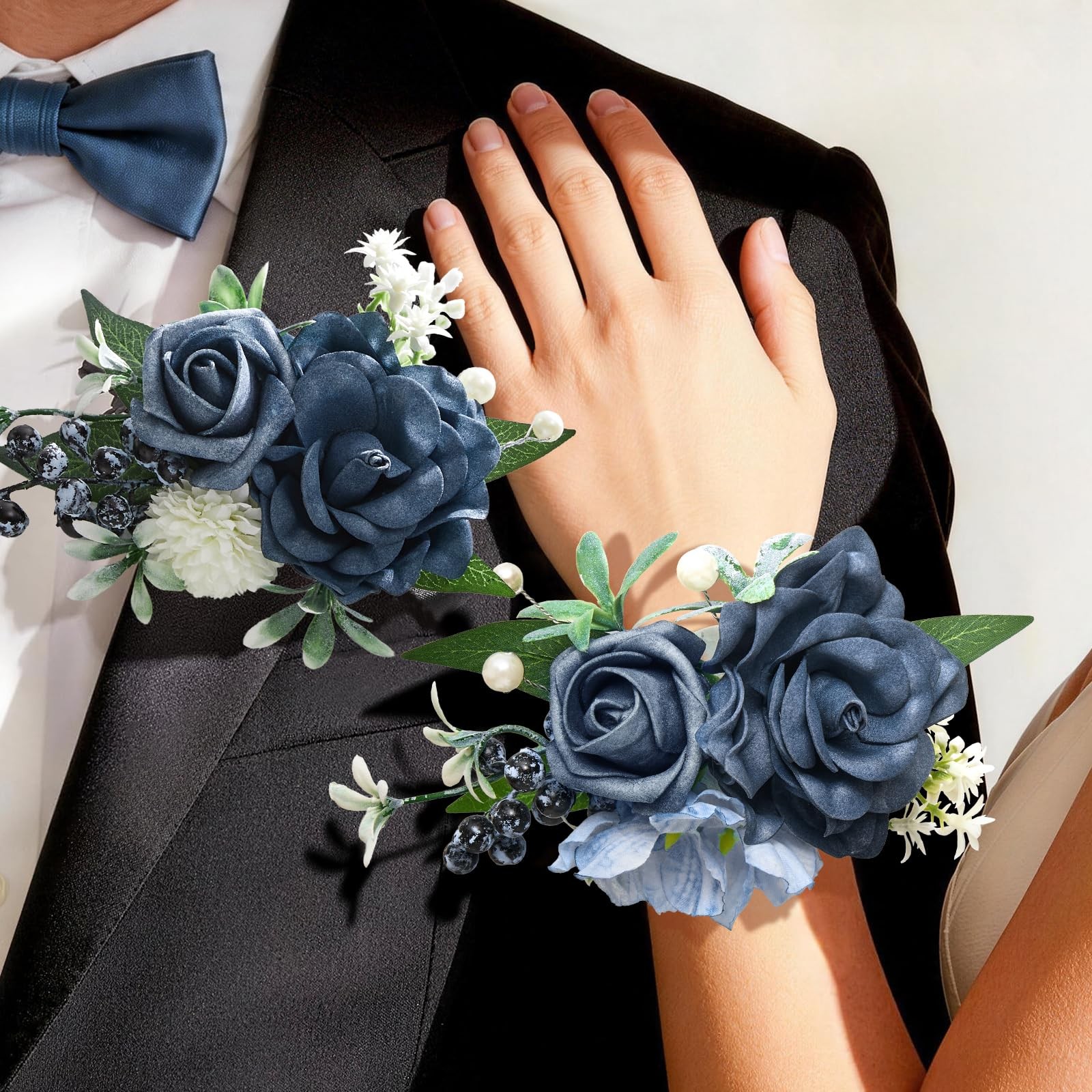 Blue Rose Corsage Boutonniere Set Prom Flower Wrist Wedding Artificial Decor