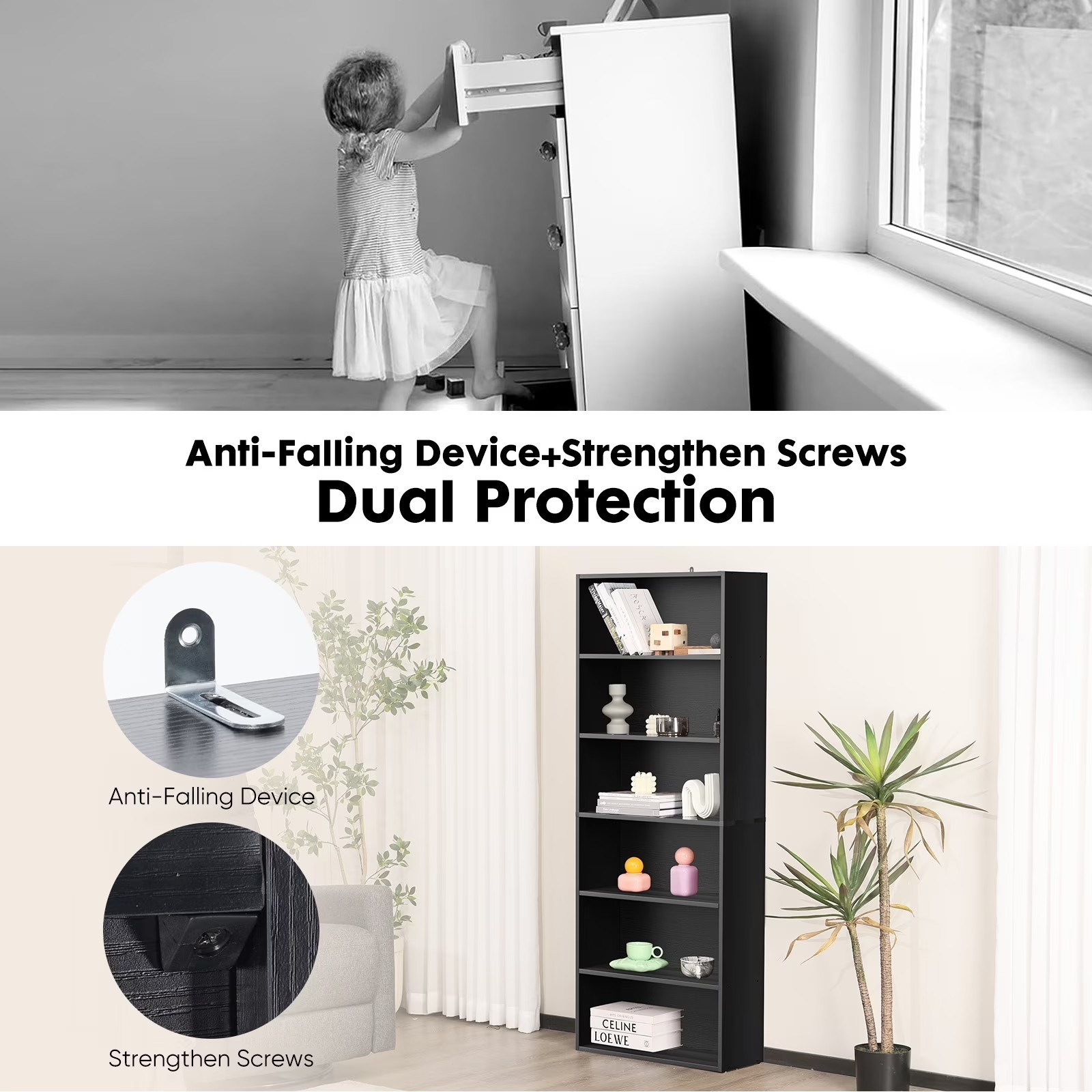 GIANNA 6-Shelf Bookcase, Floor Standing Storage Shelves, Black