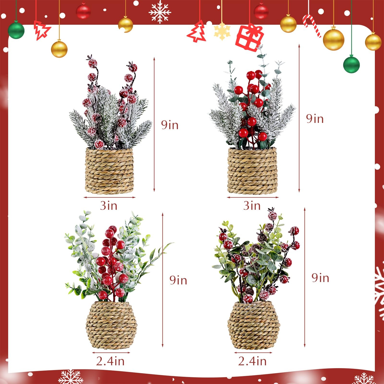 9 Inch Small Christmas Tree Pine Cone Berry Table Centerpiece Decor 4 PCS