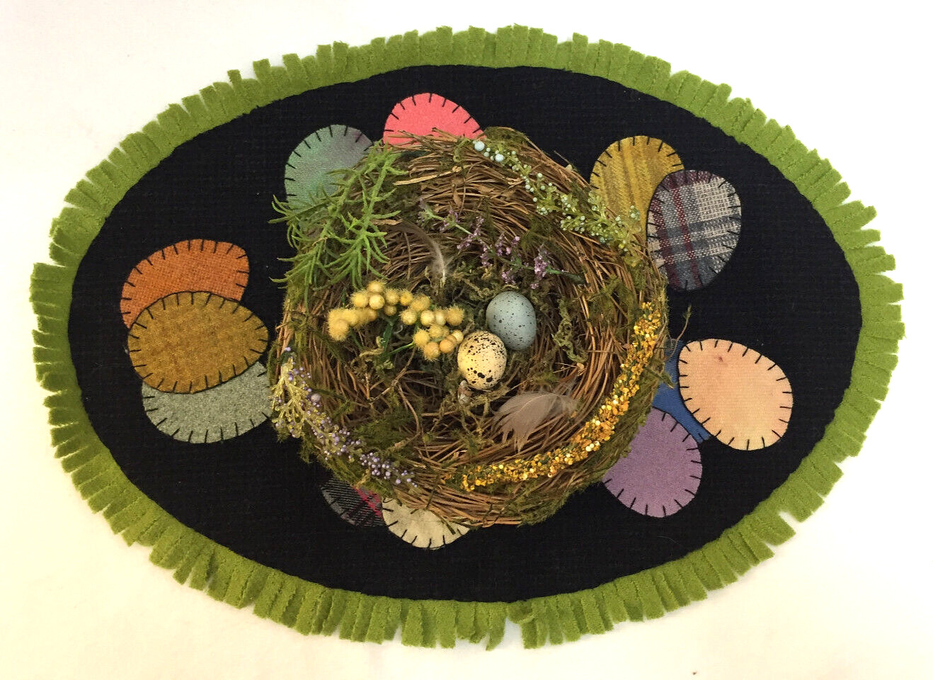 Handmade Placemat Felt Fringed Oval Egg Pattern & Faux Grass Birds Nest w/Eggs