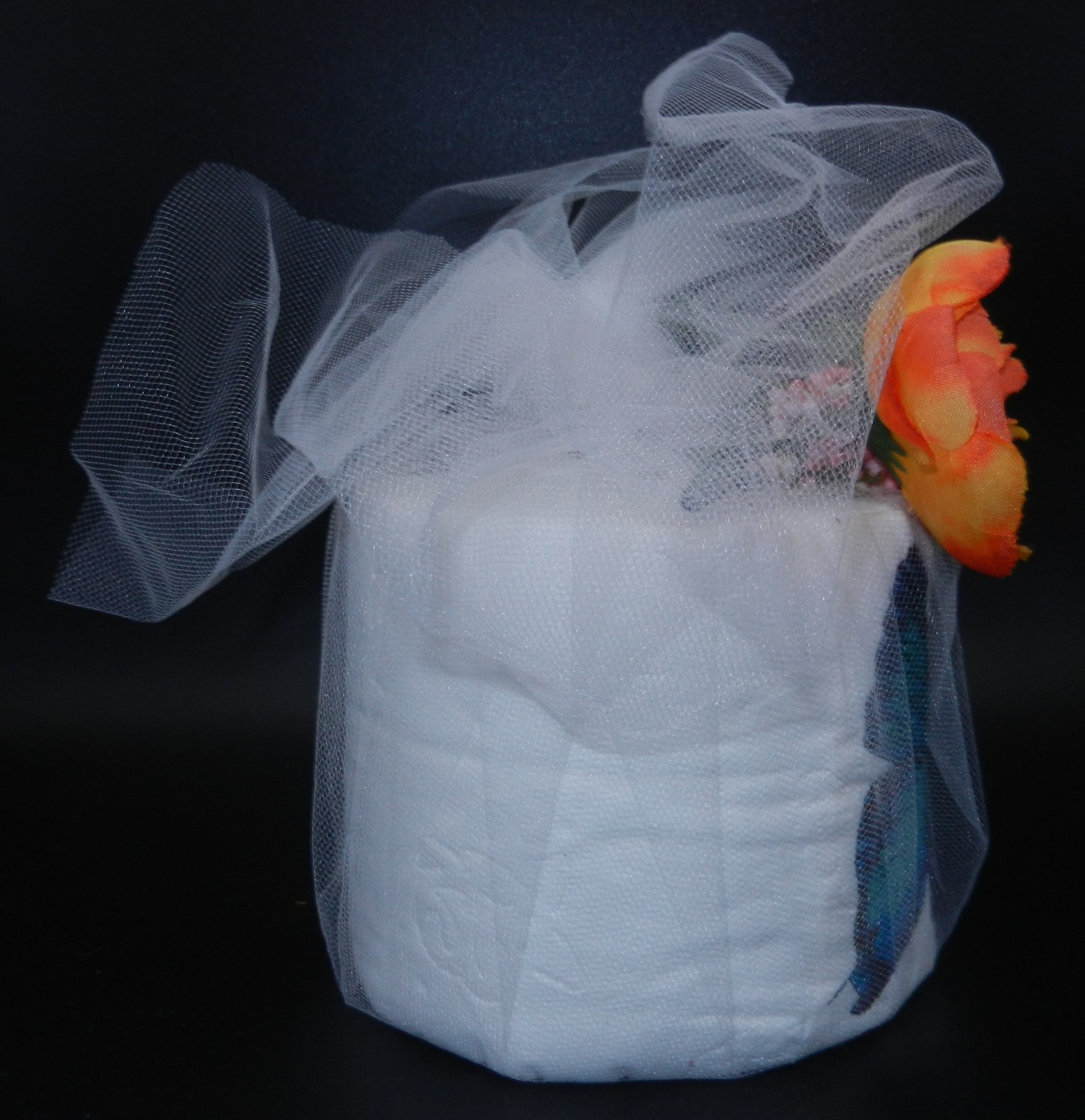 Blue Butterfly Embroidered Toiletpaper Roll wrapped in Tulle w/Rose on top!
