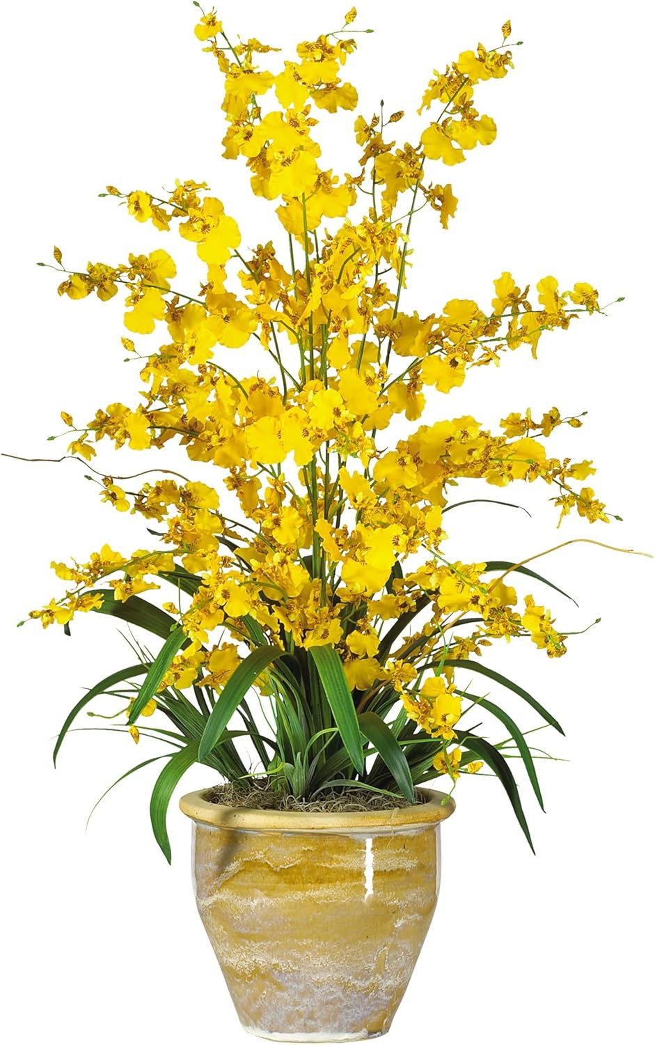 Vibrant Yellow Triple Dancing Lady Silk Flower Arrangement – 18.5″x15″x32