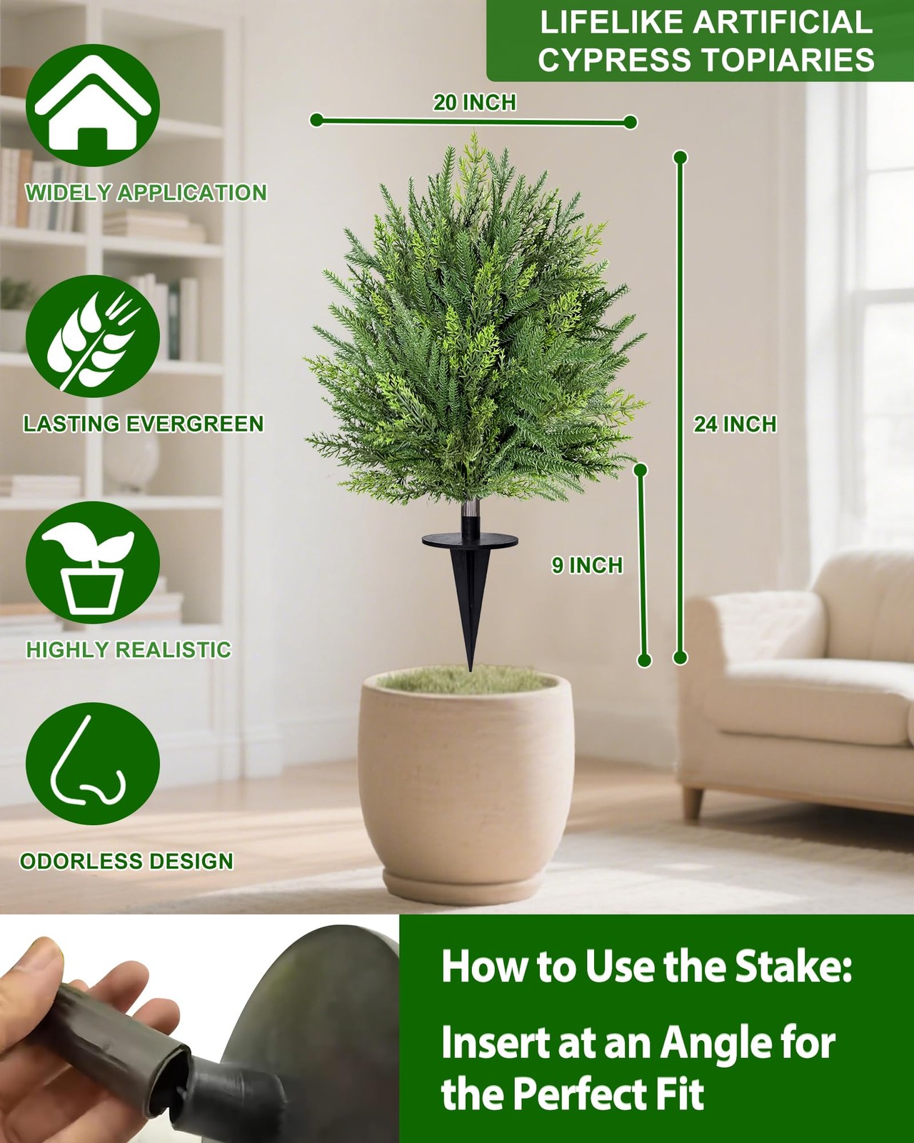 2 Pack Artificial Cypress Topiary Ball Trees with Ground Spike, 24″ Norfolk F…