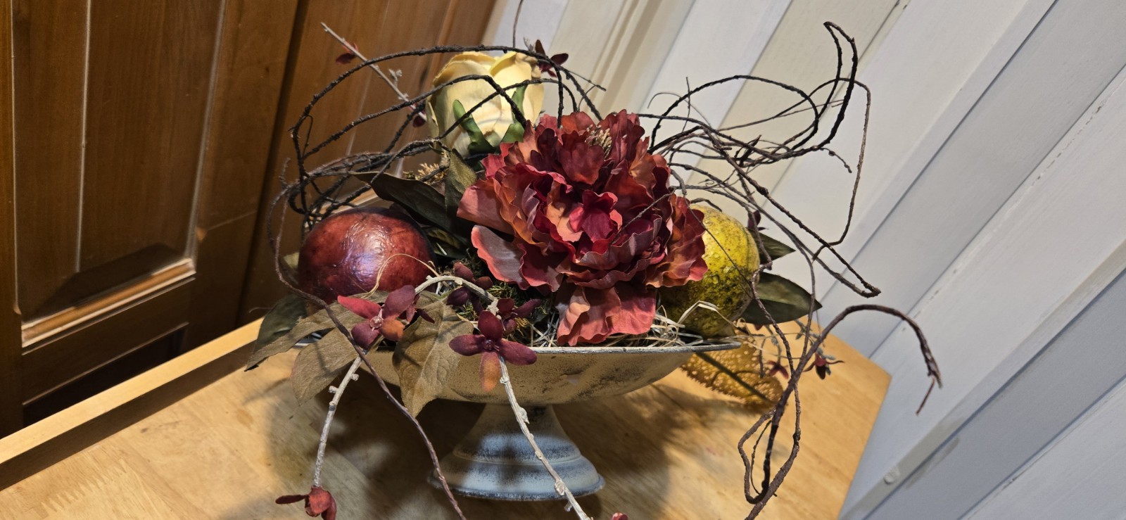Arrangement of Dried Fruits & Flowers Centerpiece Metal Compote 14WX14WX13″Tall