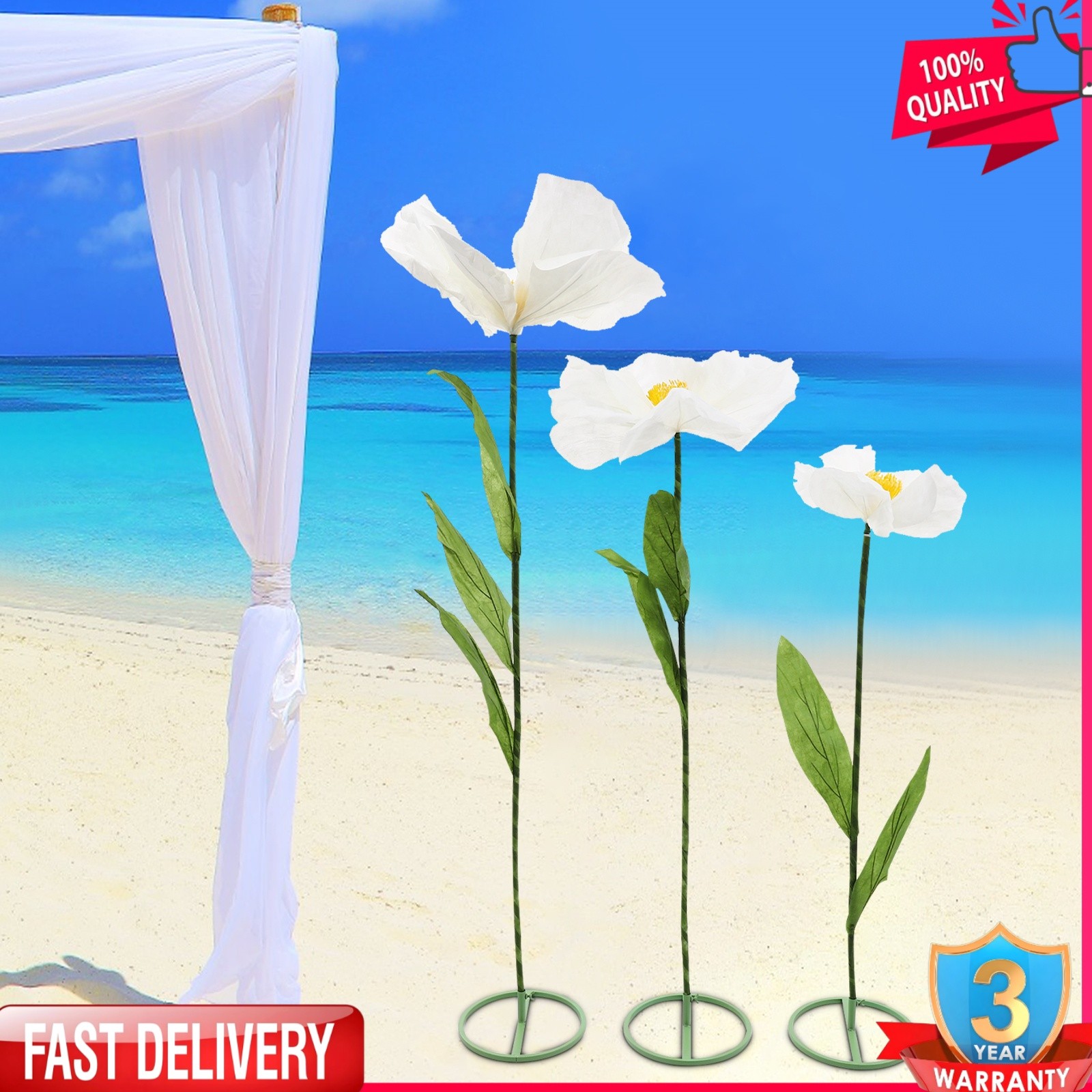 Set of 3 Artificial Flower Free Standing White Corn Poppy Decor Home Wedding