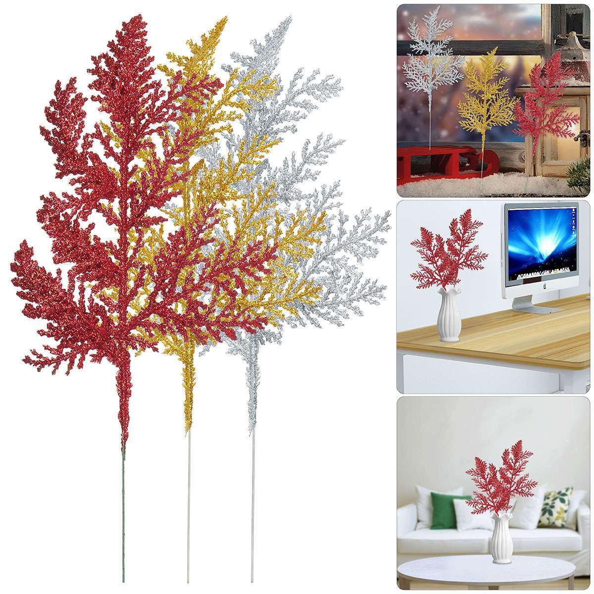 10x Pine Needles Fake Floral Christmas Glitter Fern Leaf Branch Decor Artificial
