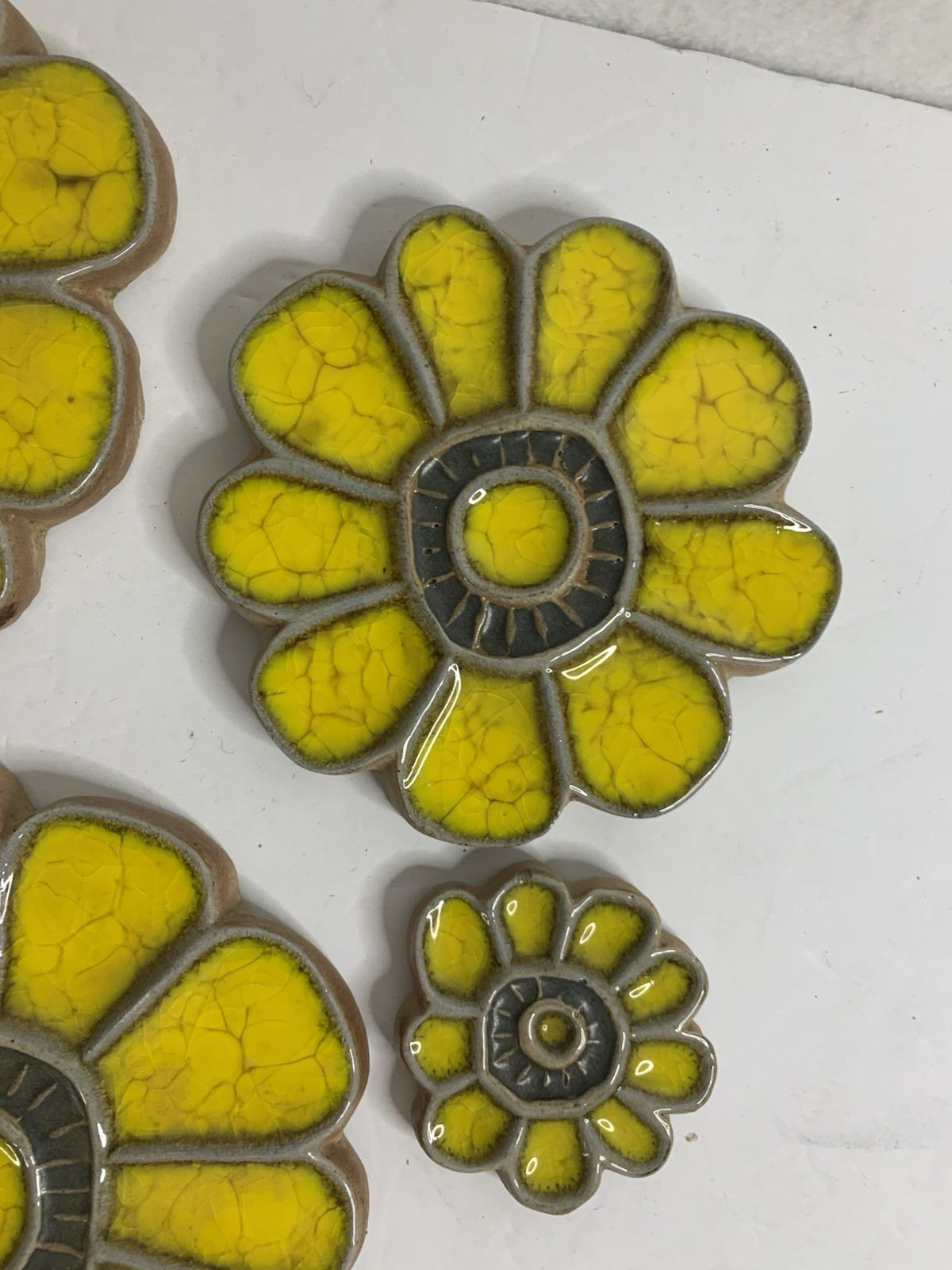 Pottery Decor Handcrafted Crackle Glazed Ceramic Folk Art Lot 4 Yellow Flowers