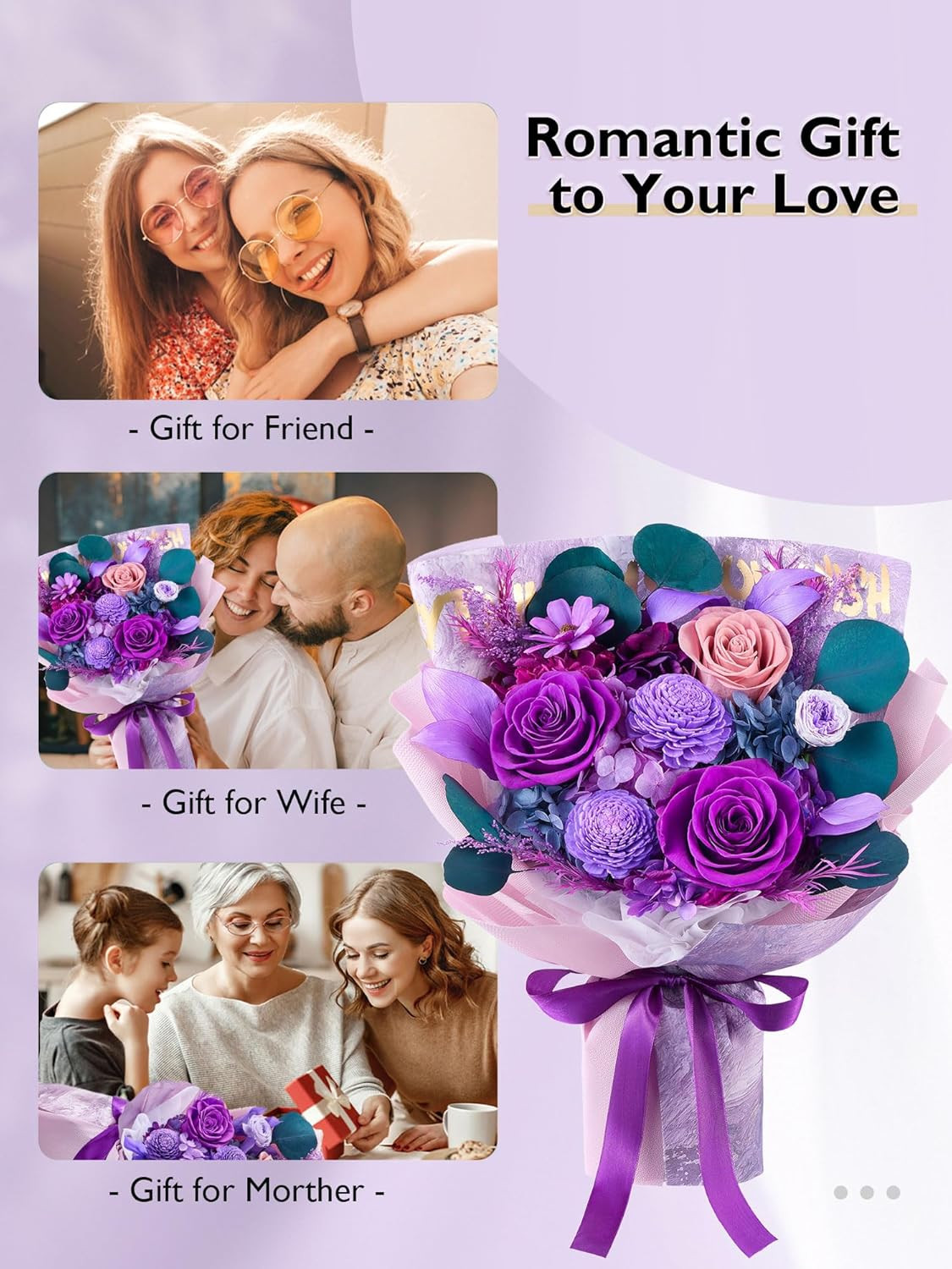 Preserved Roses and Purple Flowers Bouquet for Mother’s Day and Special Occasion