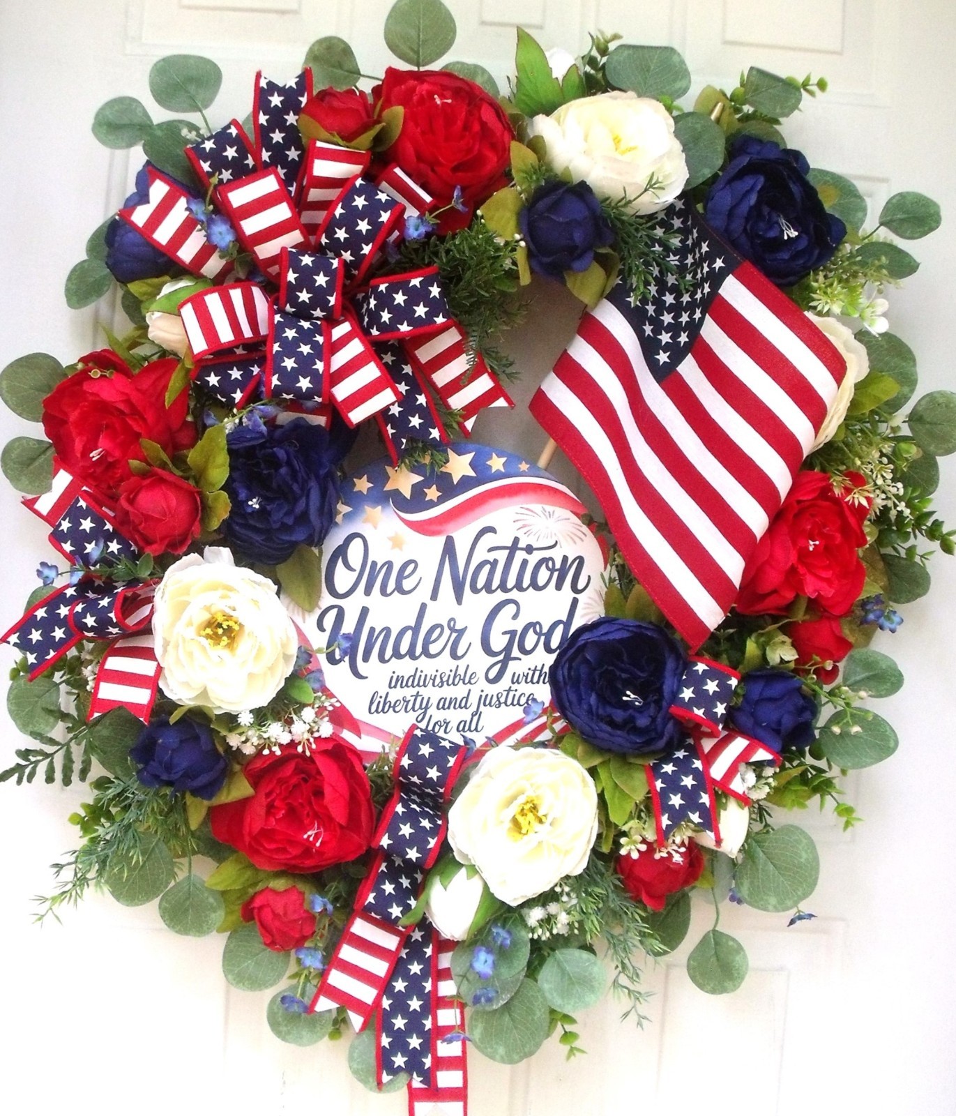 Patriotic Peony/Flag Wreath, Red/White/Blue, One Nation Under God