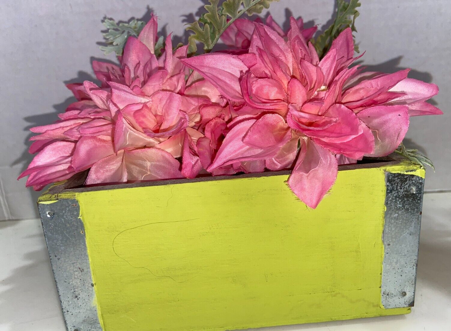 Floral Arrangement Pink Flowers Green Wood Container 3X7X7″