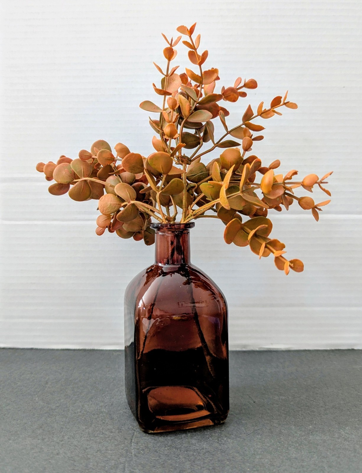 NEW Small Dark Am Bud Vase w/ Brown Eucalyptus Stems Fall Decor 5.5″ x 2.5″