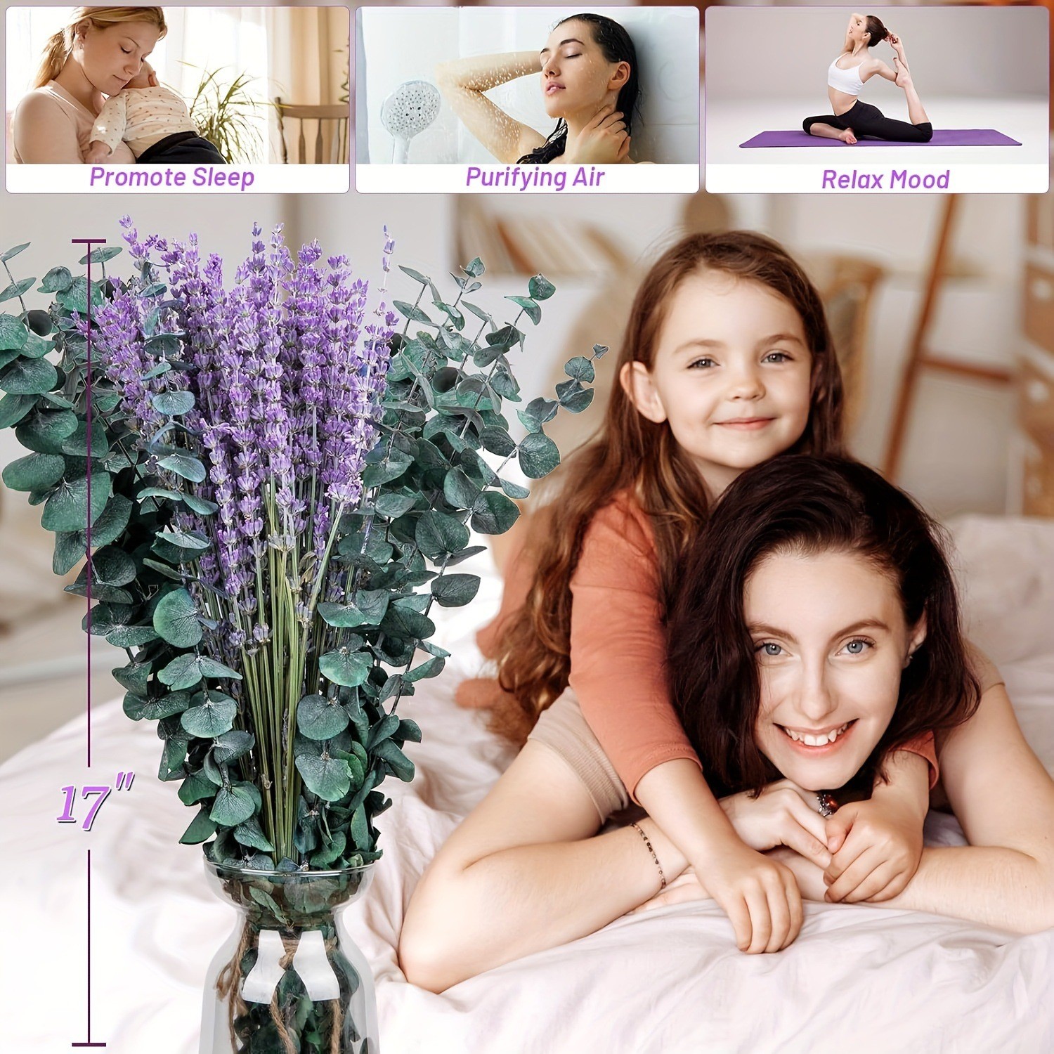 115Pcs 17” Natural Dried Eucalyptus Stems & Lavender Flowers Bundle for Shower