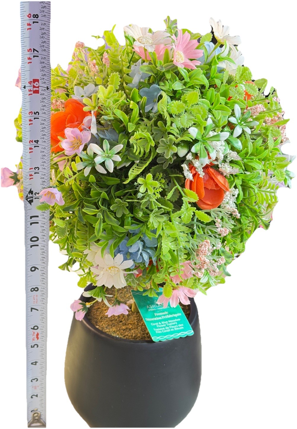 Ashwood 18” Coral & Blue Meadow Flower Artificial Topiary Plant In Black Planter
