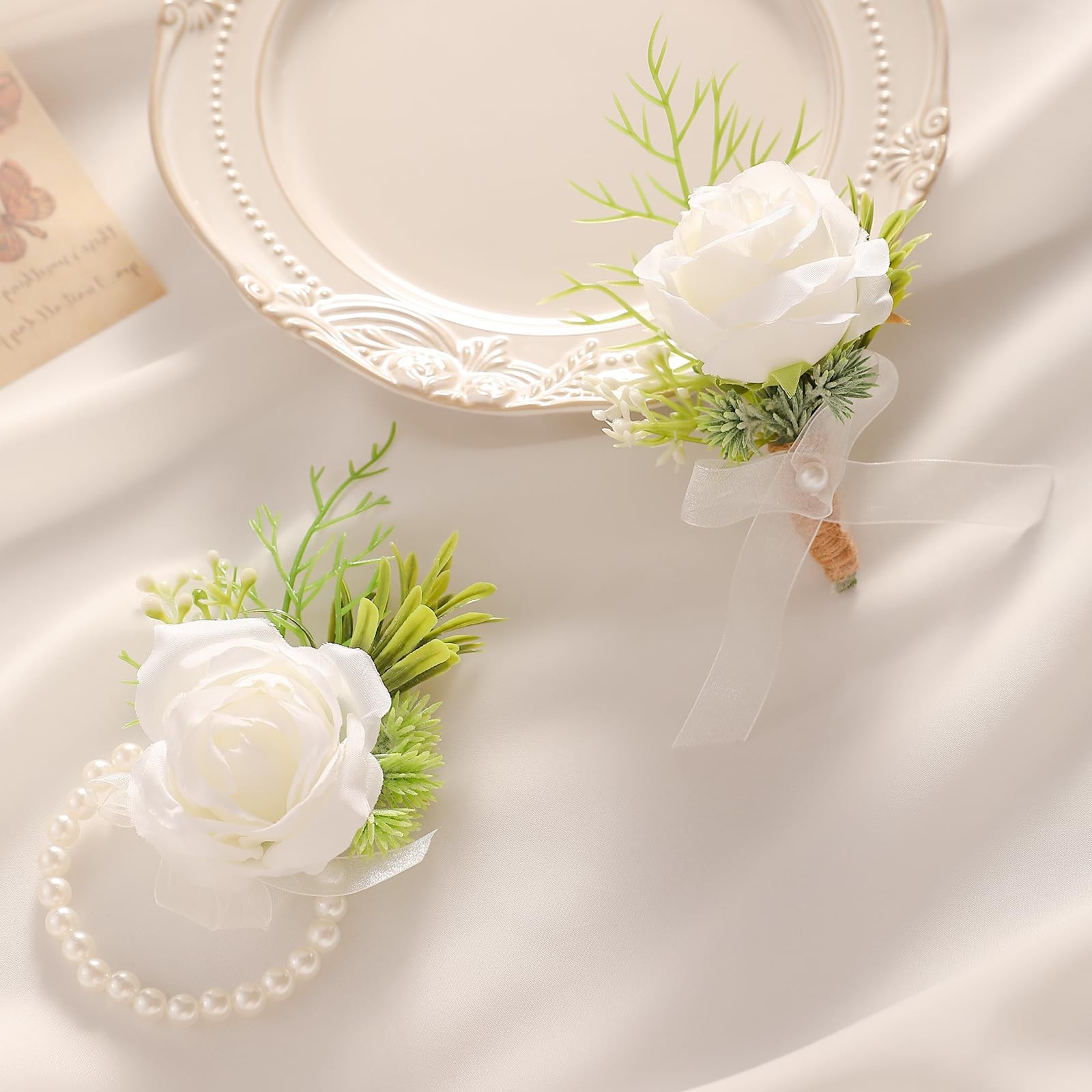 Artificial White Rose Wrist Flower & Mens Corsage Wedding Prom Boutonniere