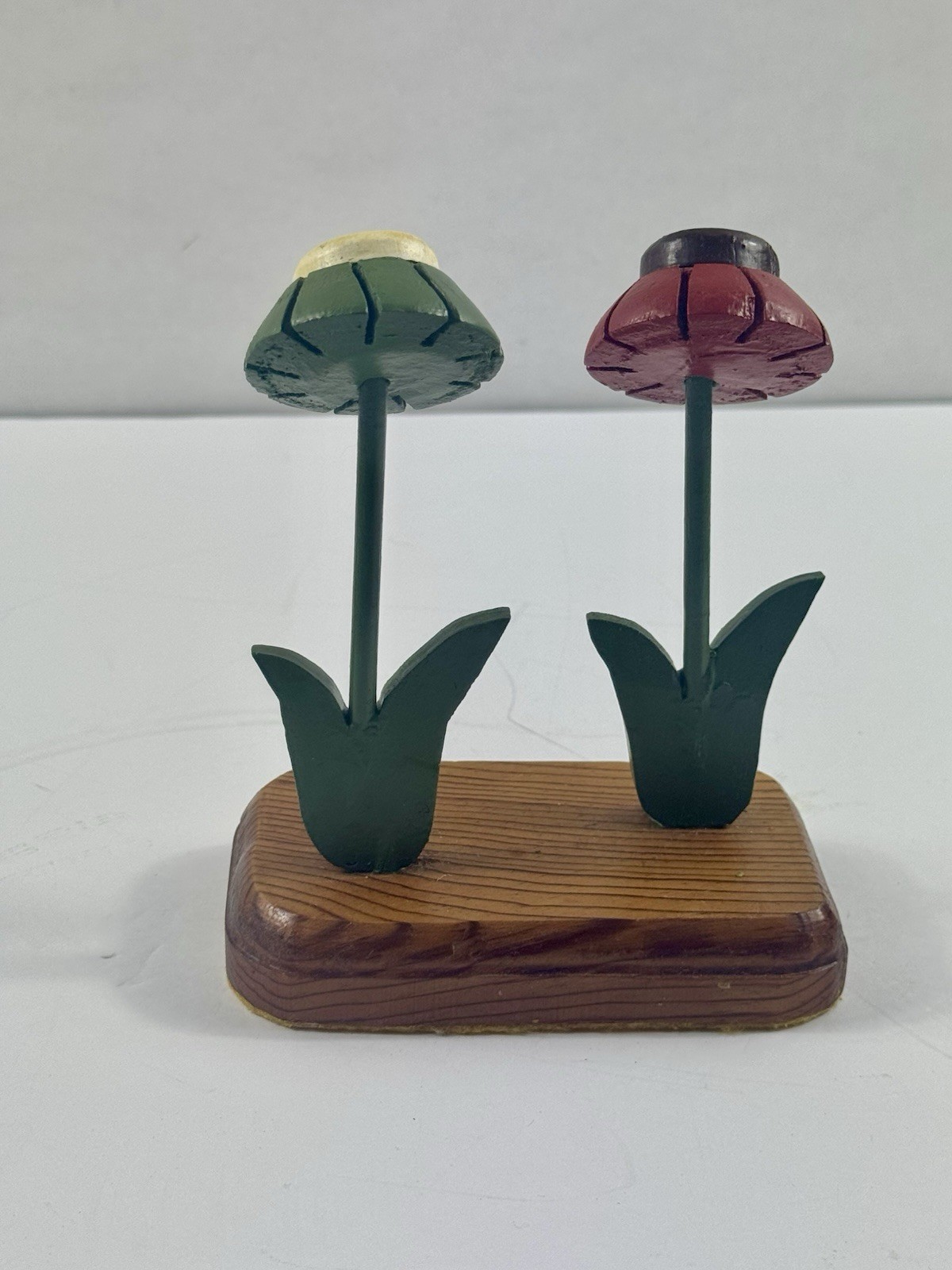 Vintage Wooden Flower Figurines Set x 2 Hand Painted Folk Art Floral Shelf Decor