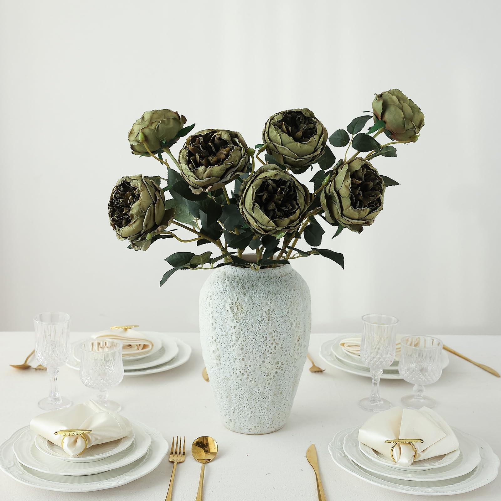 6Pcs Burnt Green Artificial Roses Flowers Fake Silk Roses Flower with Long St…