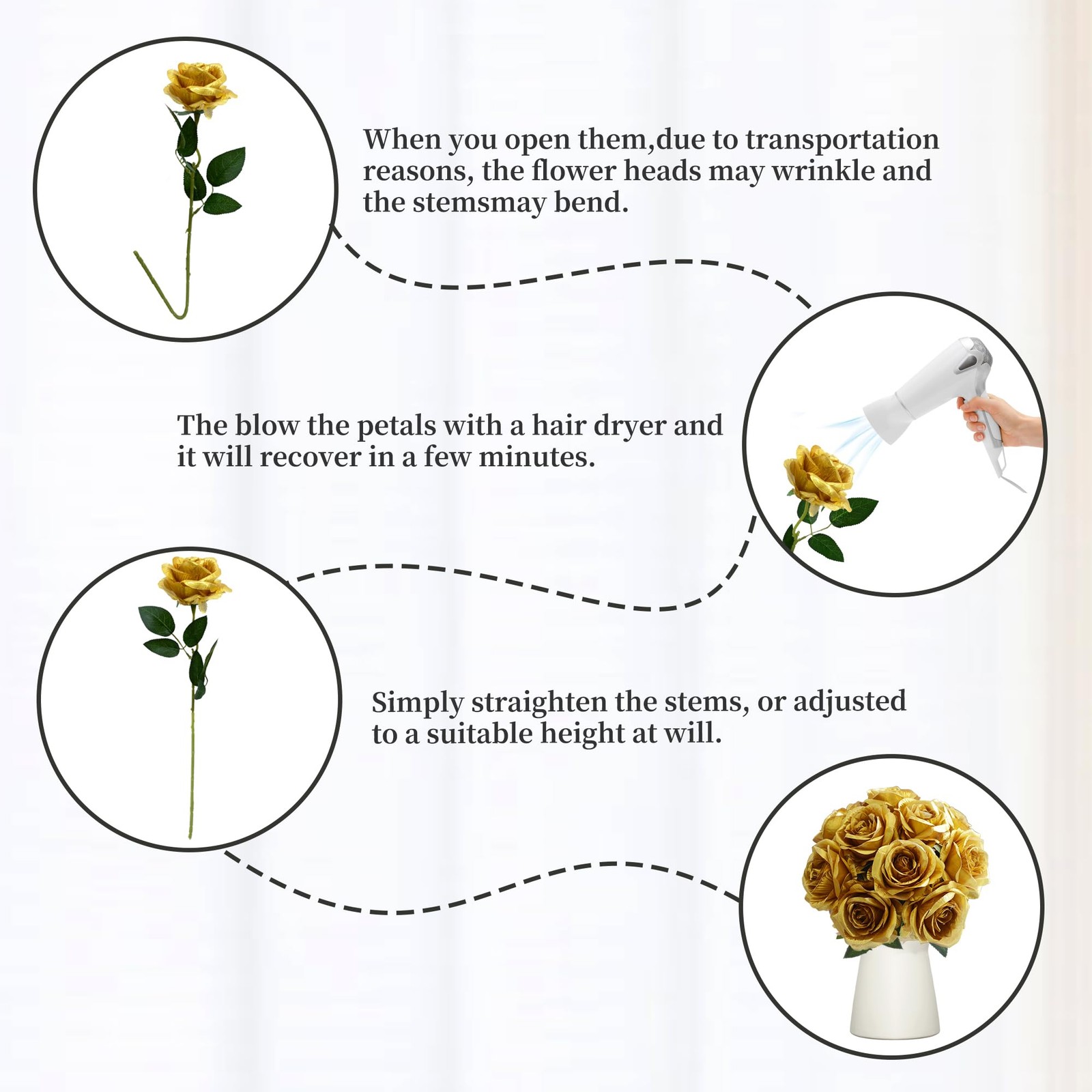 10 Pcs Gold Rose Artificial Flower, Faux Silk Flowers With Long Stems, Fake R…