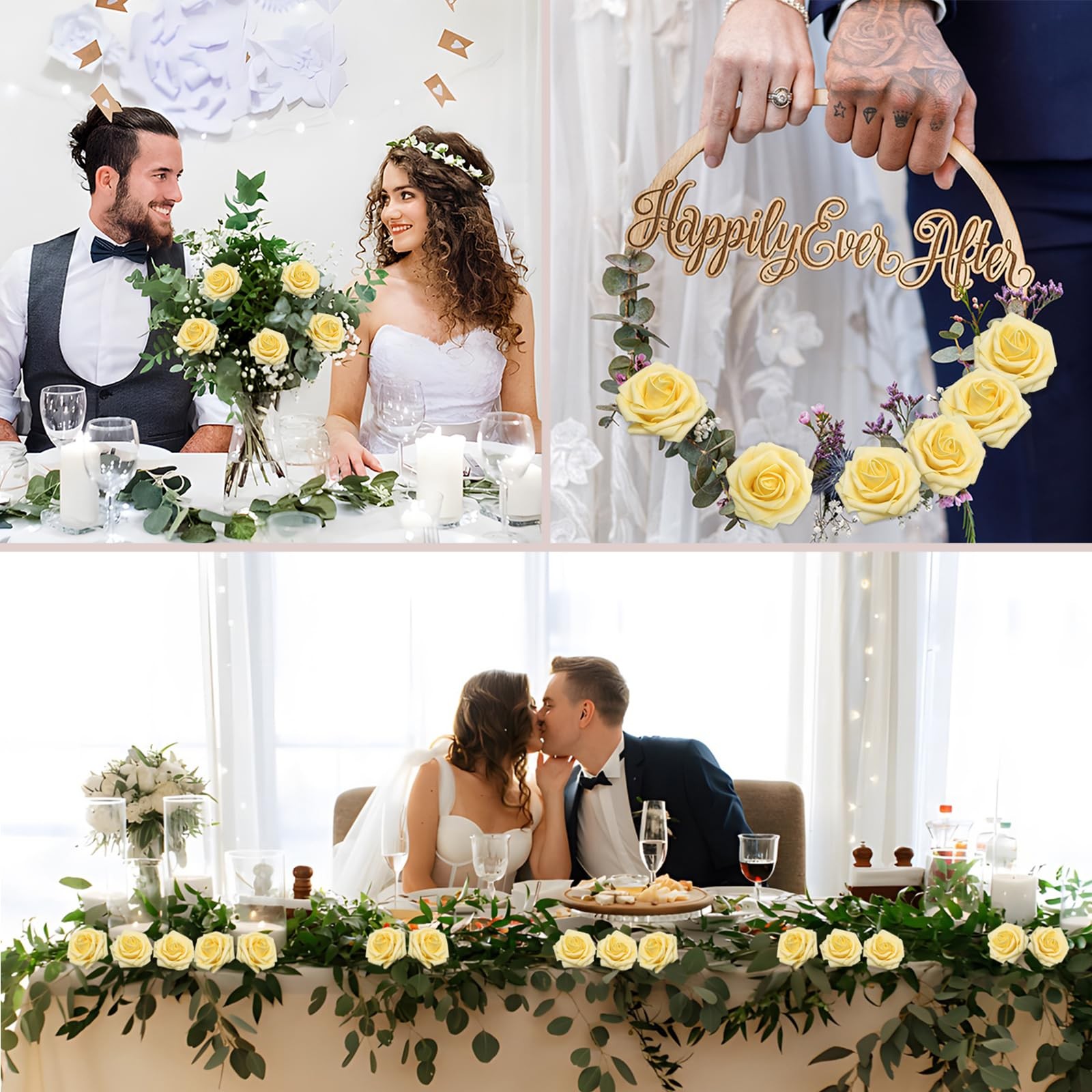 Creamy Yellow Foam Fake Roses Artificial Flowers Wedding Bridal 100 PCS