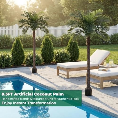 8.5FT Artificial Coconut Palm Tree Set of 2, UV Resistant Faux Sago Palm Plan…