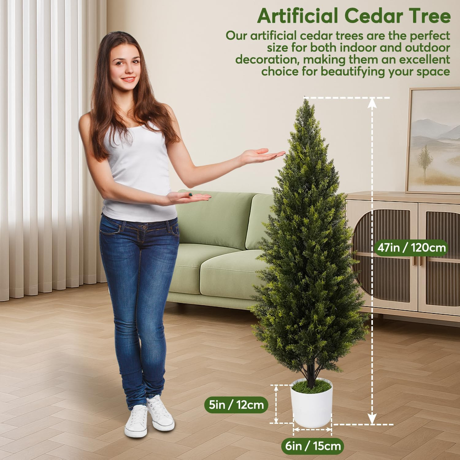 2 Pack 4Ft UV Resistant Artificial Cedar Topiary Trees for Indoor Outdoor Decor