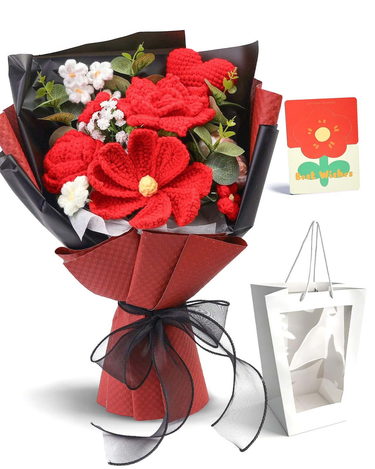 Crochet Flower Bouquet – Handcrafted Black and Red Knitted Flowers, Crochet T…