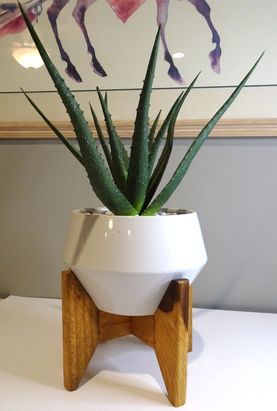 Artificial Fake Aloe Plant with White Ceramic Pot on Wood Stand 19.5 inches tall