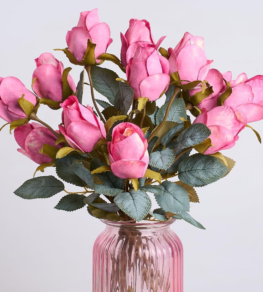 12 PCS Rose Artificial Flower Buds Realistic Faux Silk Light Magenta Bouquets