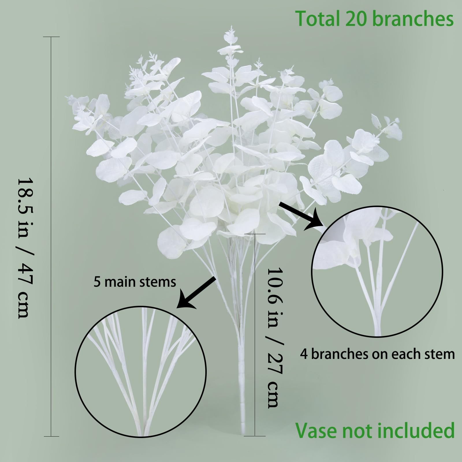 2 Pack White Eucalyptus Stems with 20 Branches 18.5” Artificial Flower Bouqu…