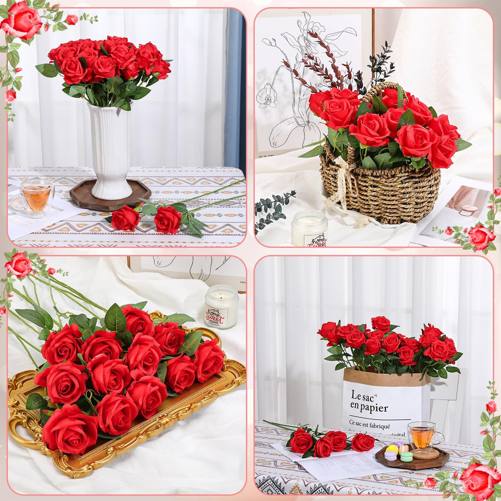 24 Pcs Red Rose Artificial Flowers with Long Stem Real Touch Silk Plastic Bou…