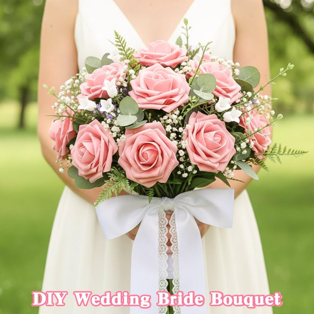 Artificial Flowers, 25pcs Blush Pink Fake Roses with Stems for DIY Wedding De…