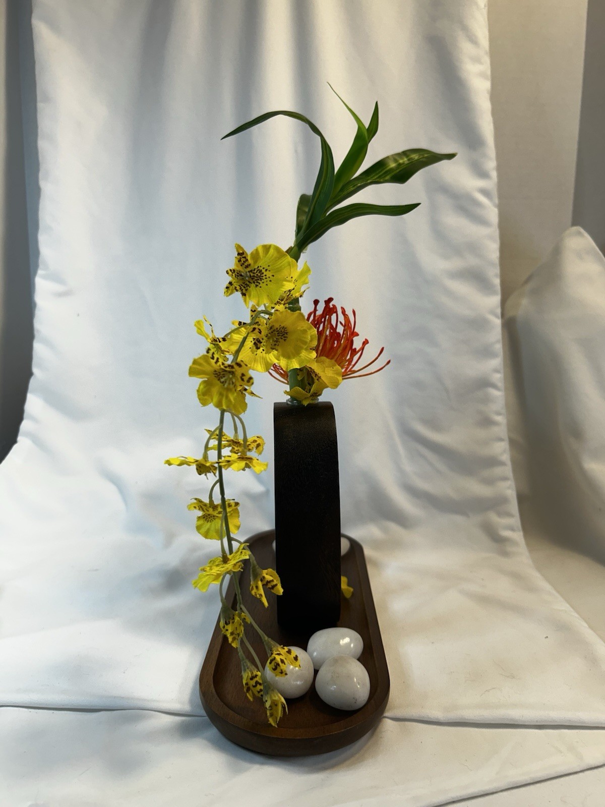 Silk Floral arrangement centerpiece, orchids, Bamboo Wood, Stones Asian Modern