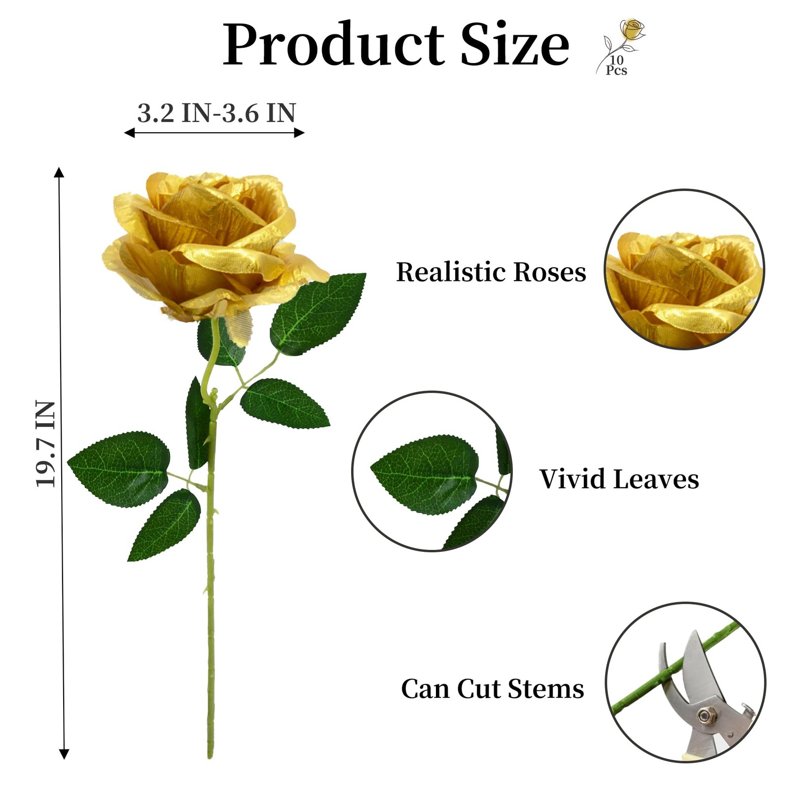 10 Pcs Gold Rose Artificial Flower, Faux Silk Flowers With Long Stems, Fake R…
