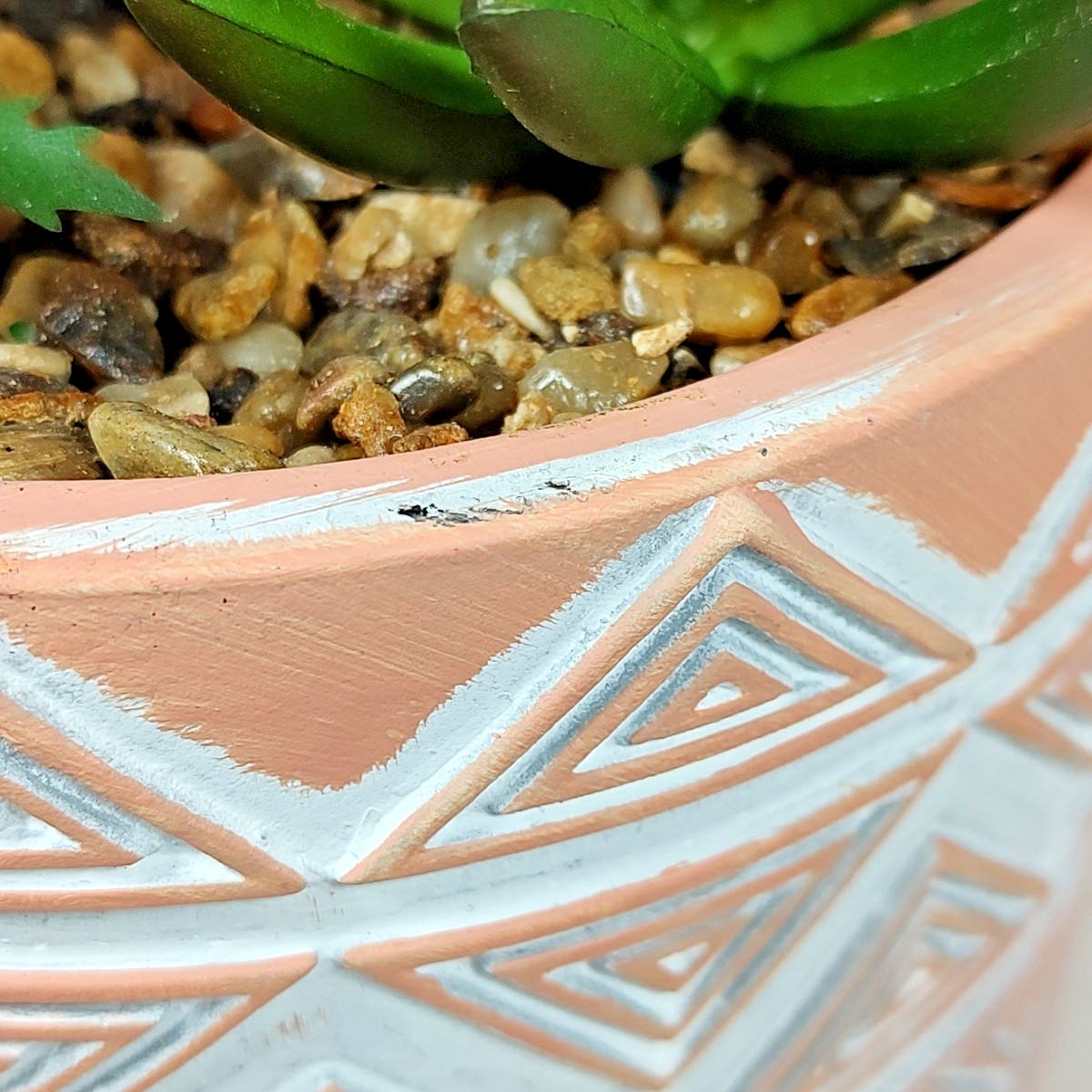 Modern Coastal Geometric Tribal Pattern Planter Pot w/ Faux Succulent Mix Peach