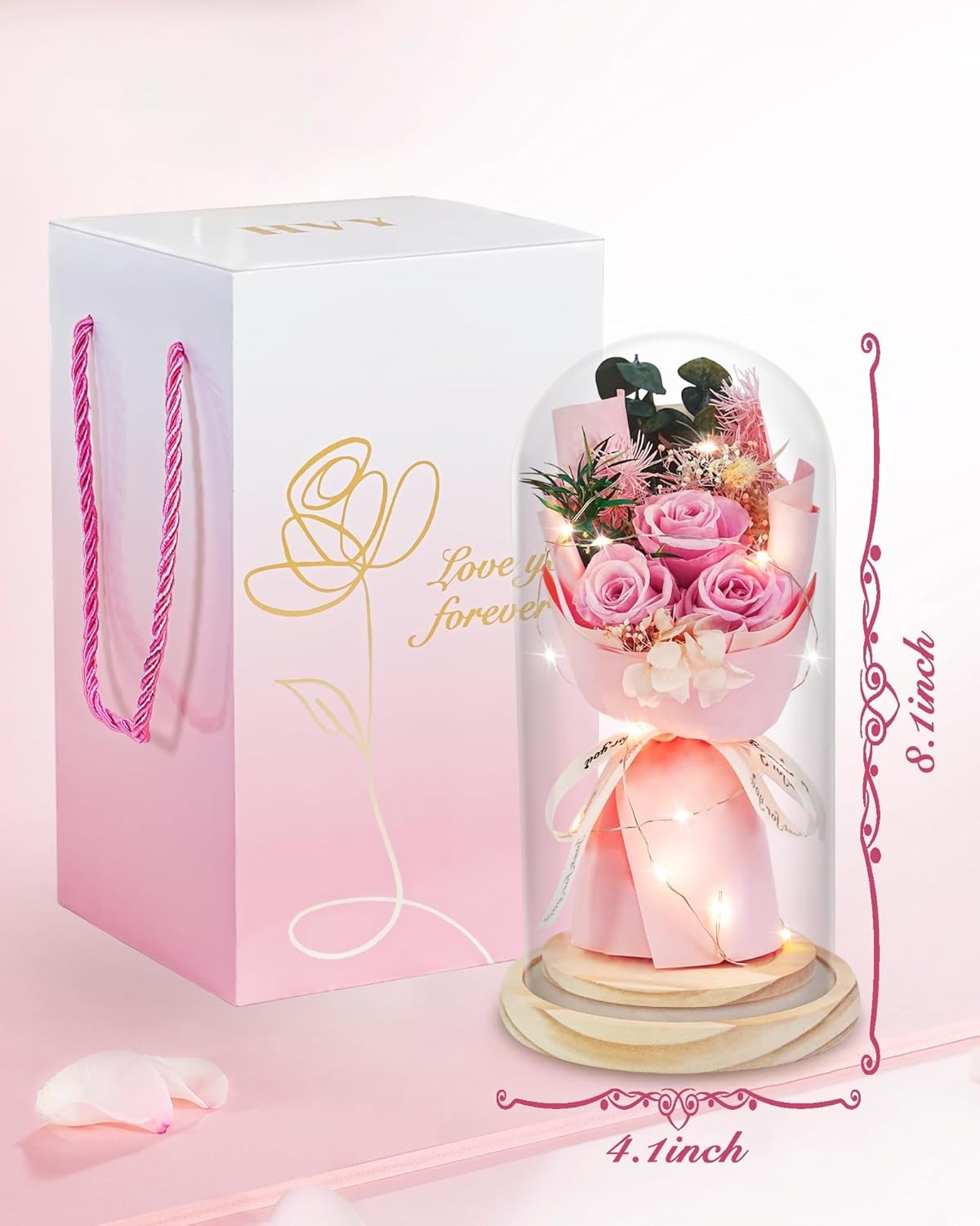 HVY Preserved Flowers Gifts for Her,Preserved Rose Bouquet in Glass Dome,Forever