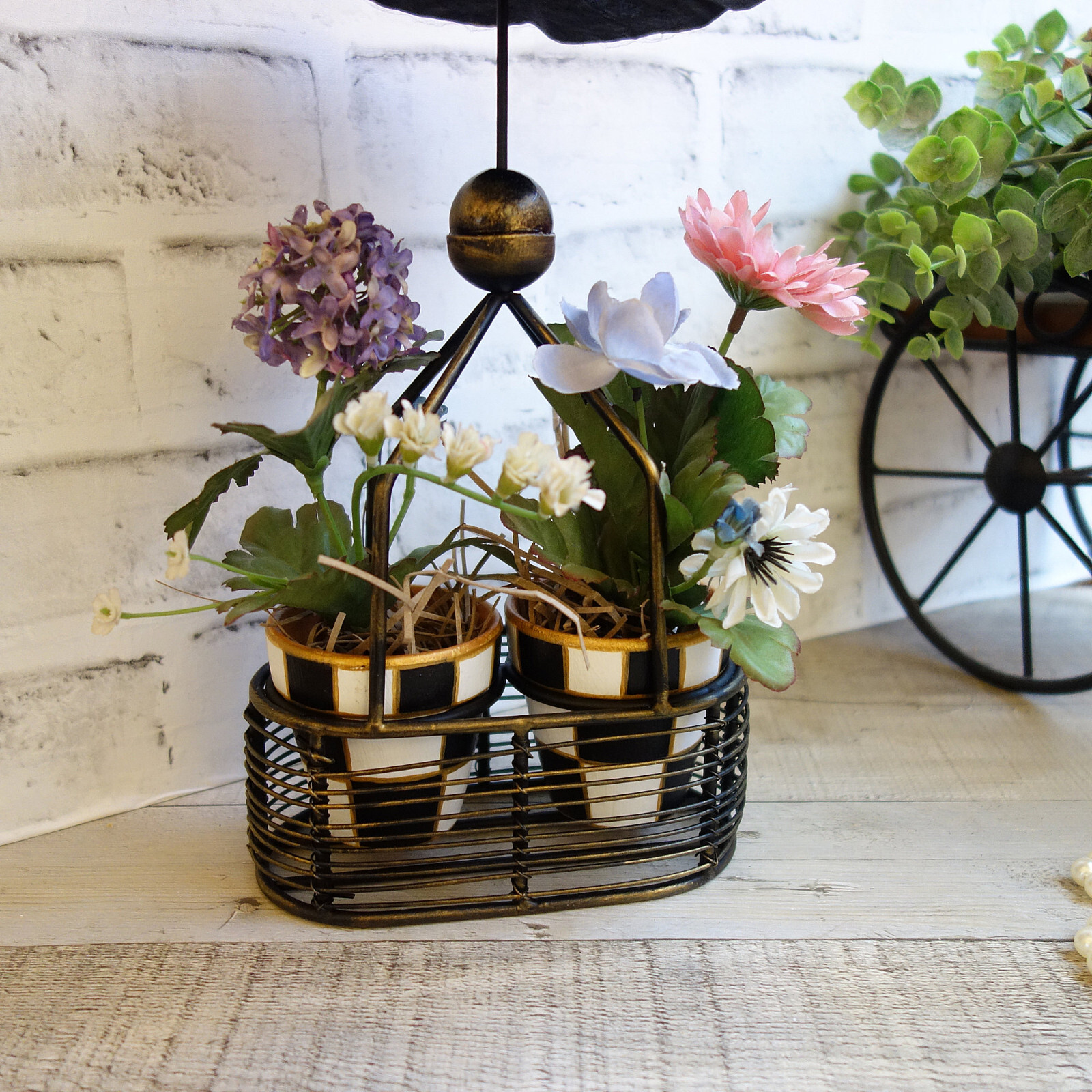 Black White Checked Flower Pot Floral Arrangement French Country Decor
