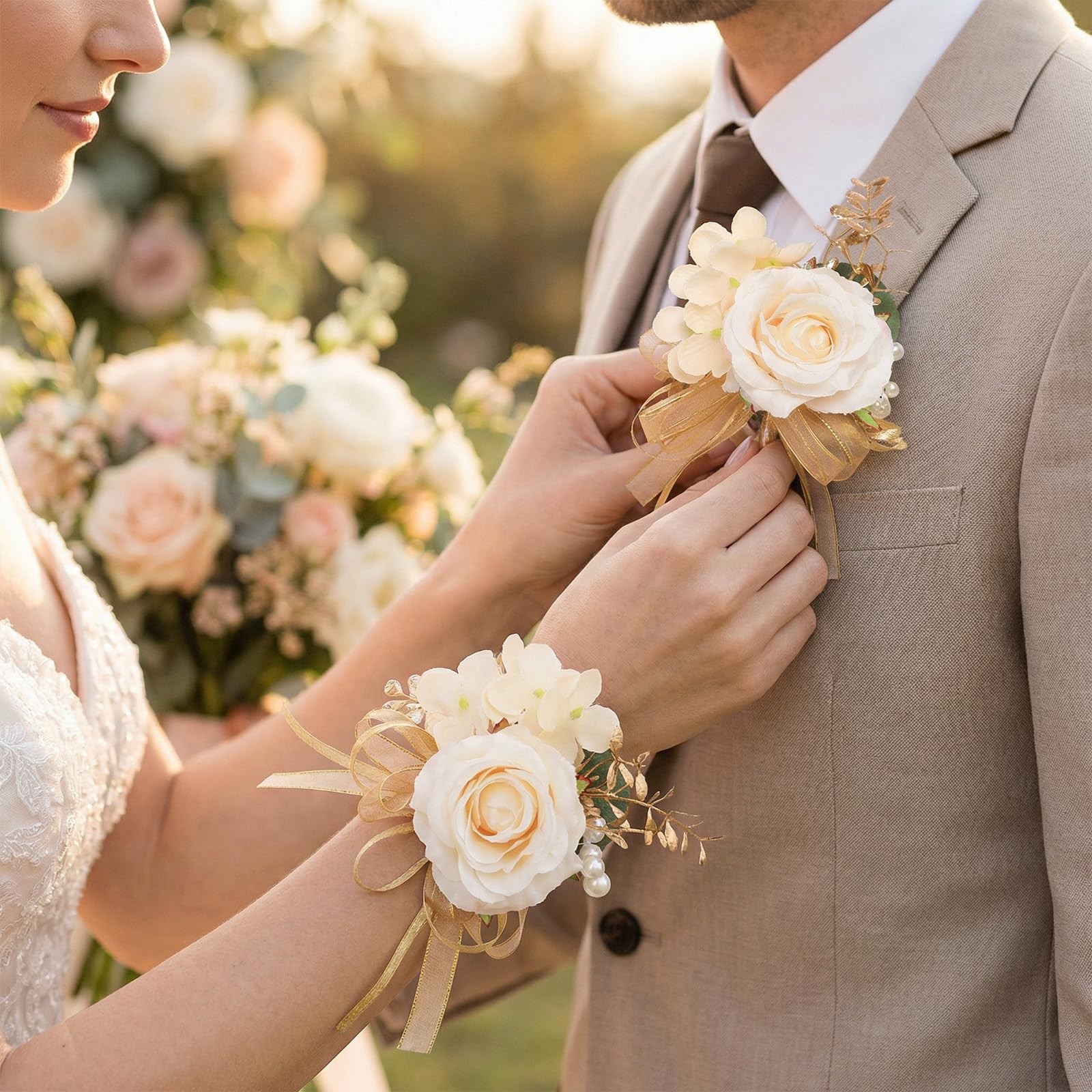 Champagne Corsage and Boutonniere Set Groomsmen and Groom Boutonniere for Wed…