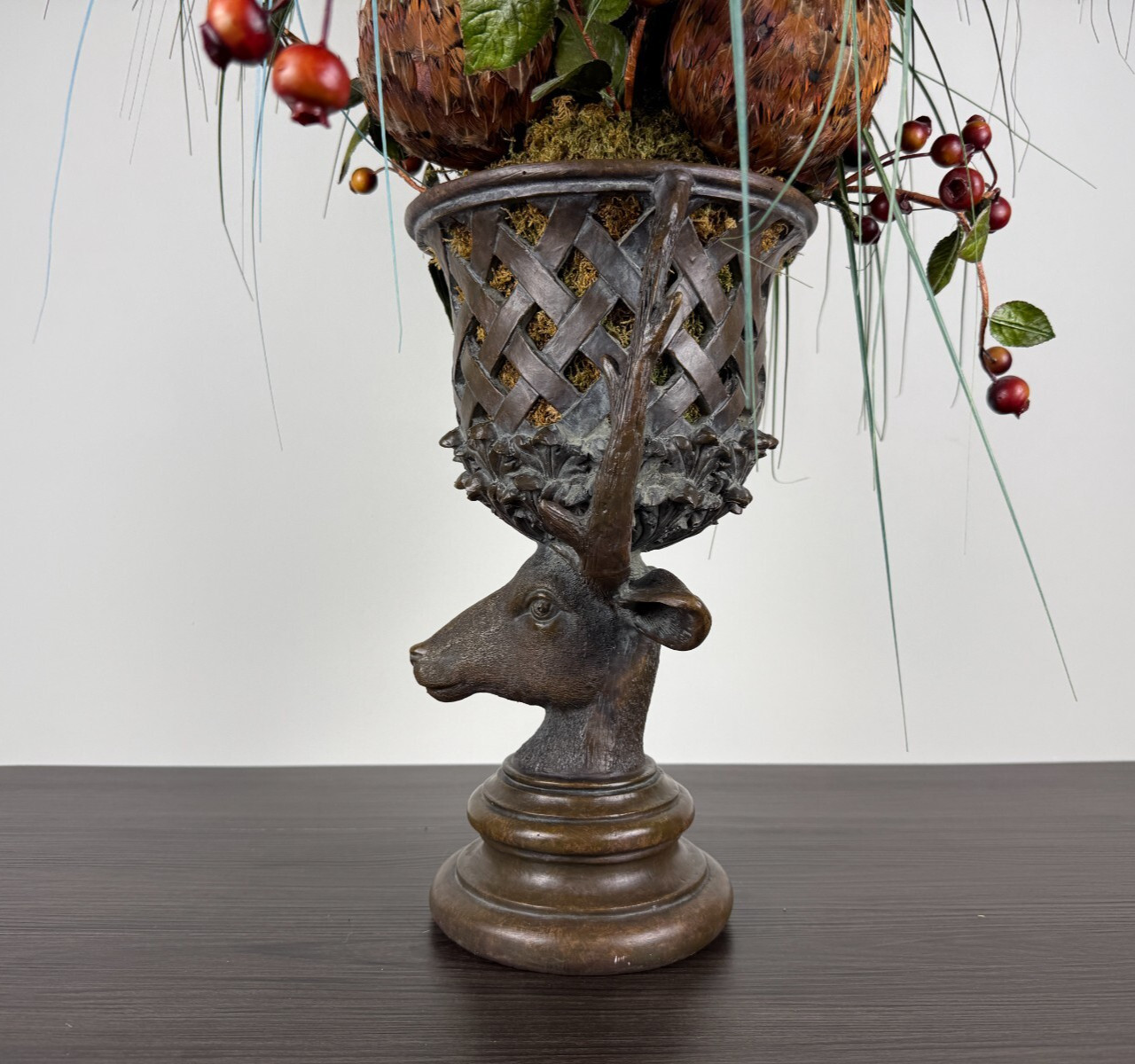 Rustic Stag Head Urn Faux Floral Arrangement Pheasant Feather Lodge Centerpiece