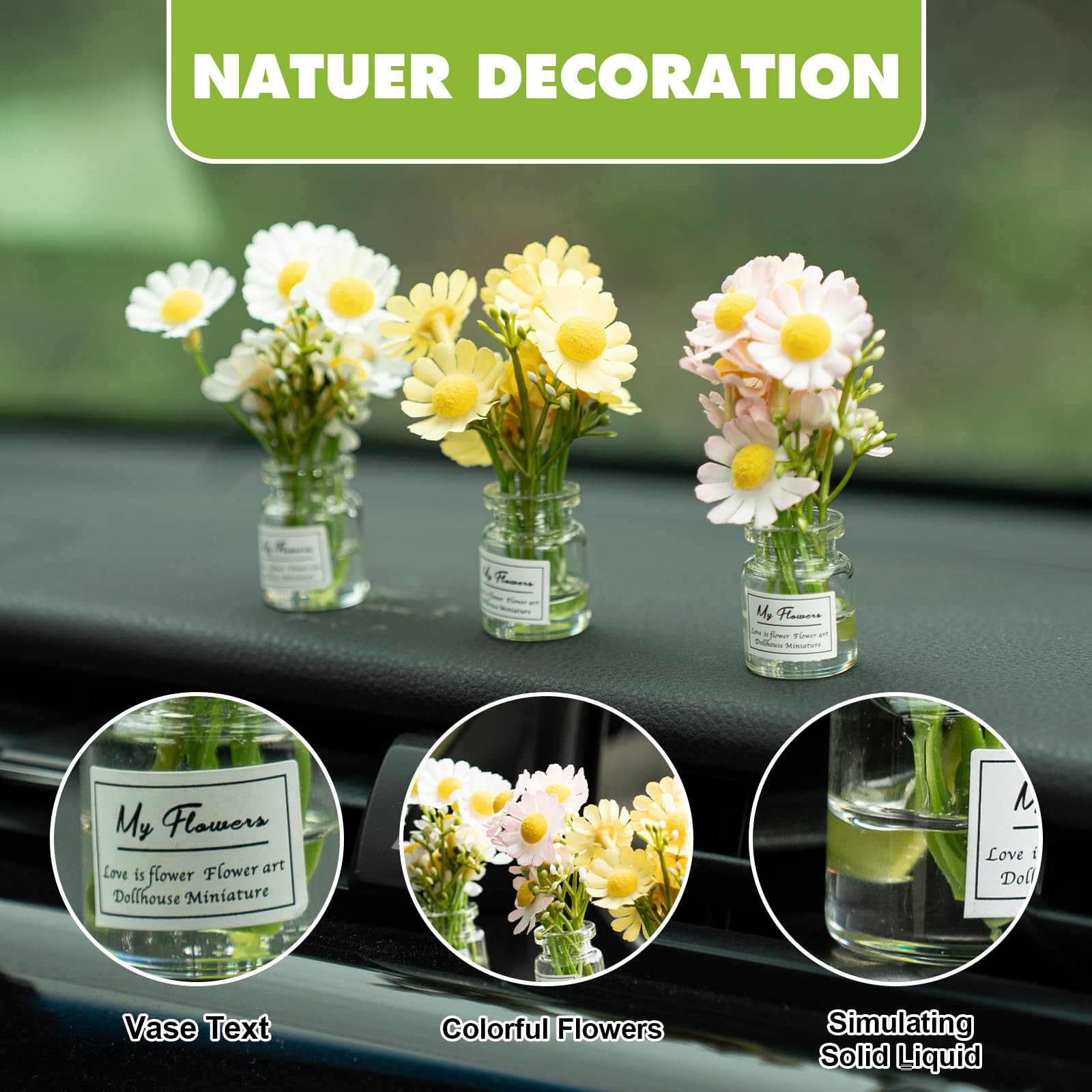 Daisy Flower Car Dashboard Decorations Vase Aesthetic Accessories 3 PCS