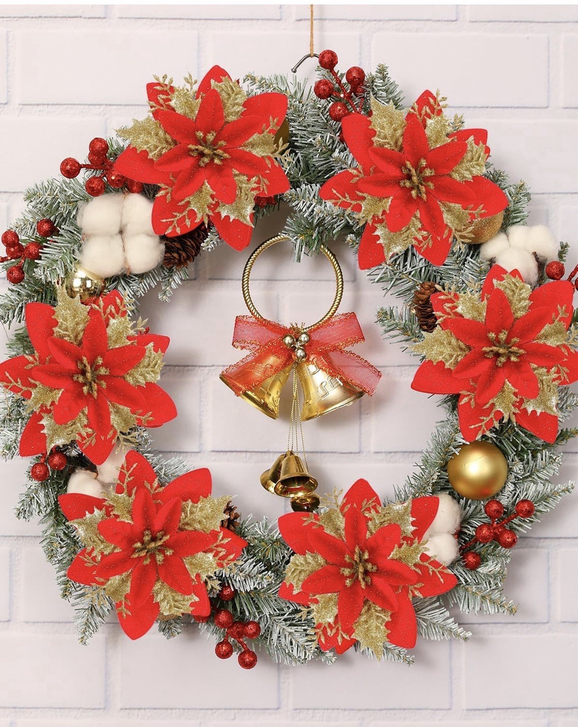 12pc Red/Gold Articial Glitter Poinsettia Flowers Clips & Stems Christmas 5.5in