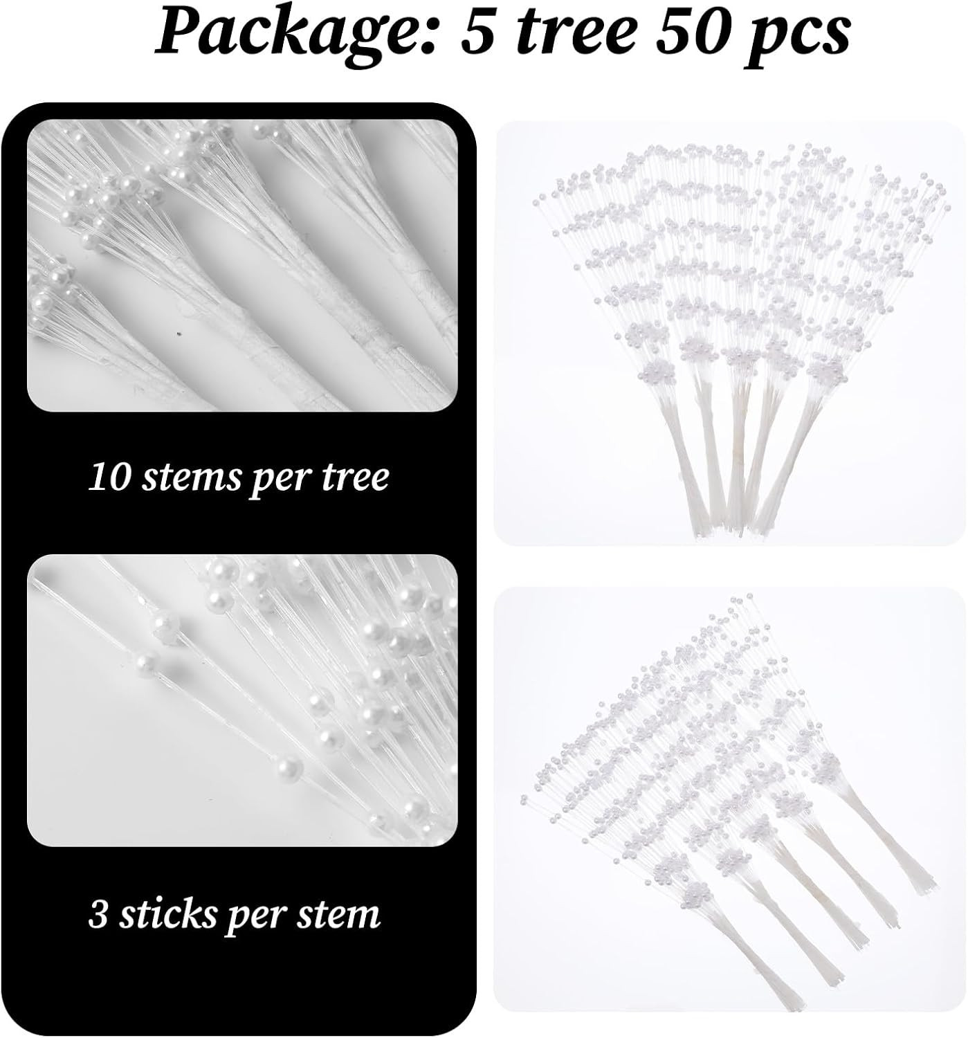 String Pearl Sticks Pearls for Wedding Decor, 50PCS Christmas Garland 4mm Pearls