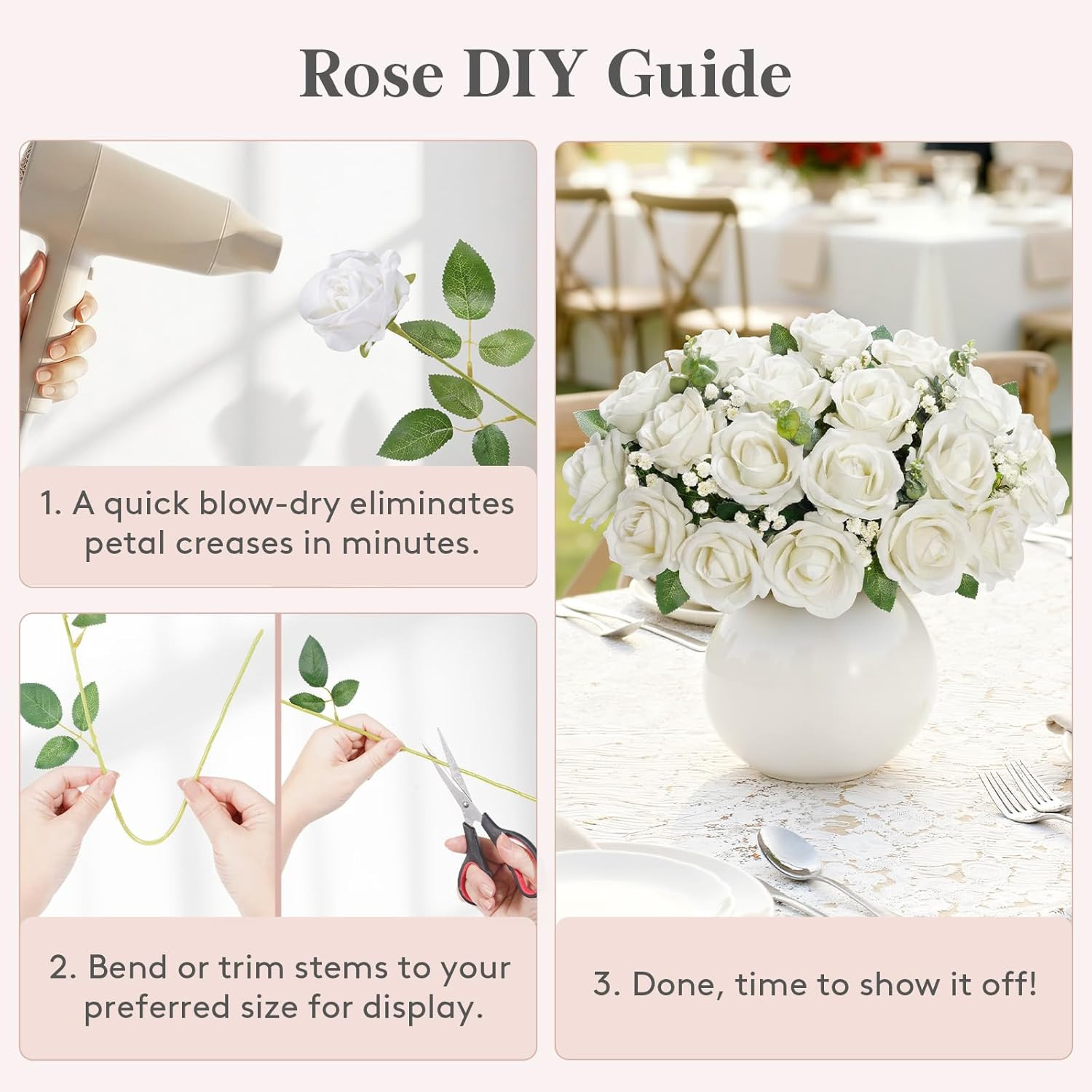 100 Pcs White Silk Roses – Perfect for Weddings, Bouquets & Decorations