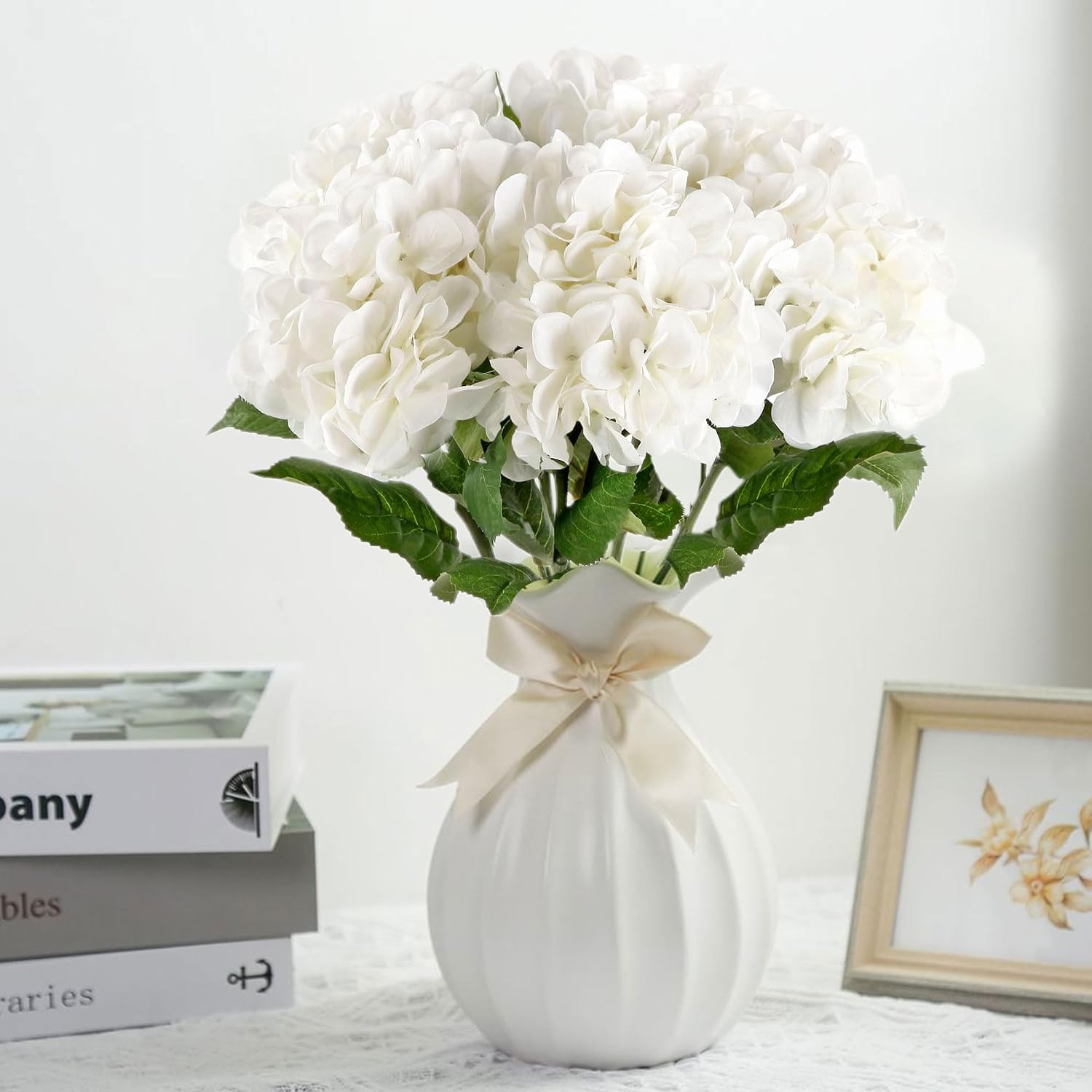 5 Pcs White Hydrangea Artificial Flowers, 21” Faux Hydrangea with Stems | Reali