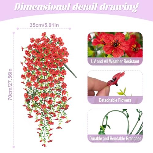 Fake Artificial Hanging Flowers for Outdoors Decoration, 2 PCS Faux UV Red