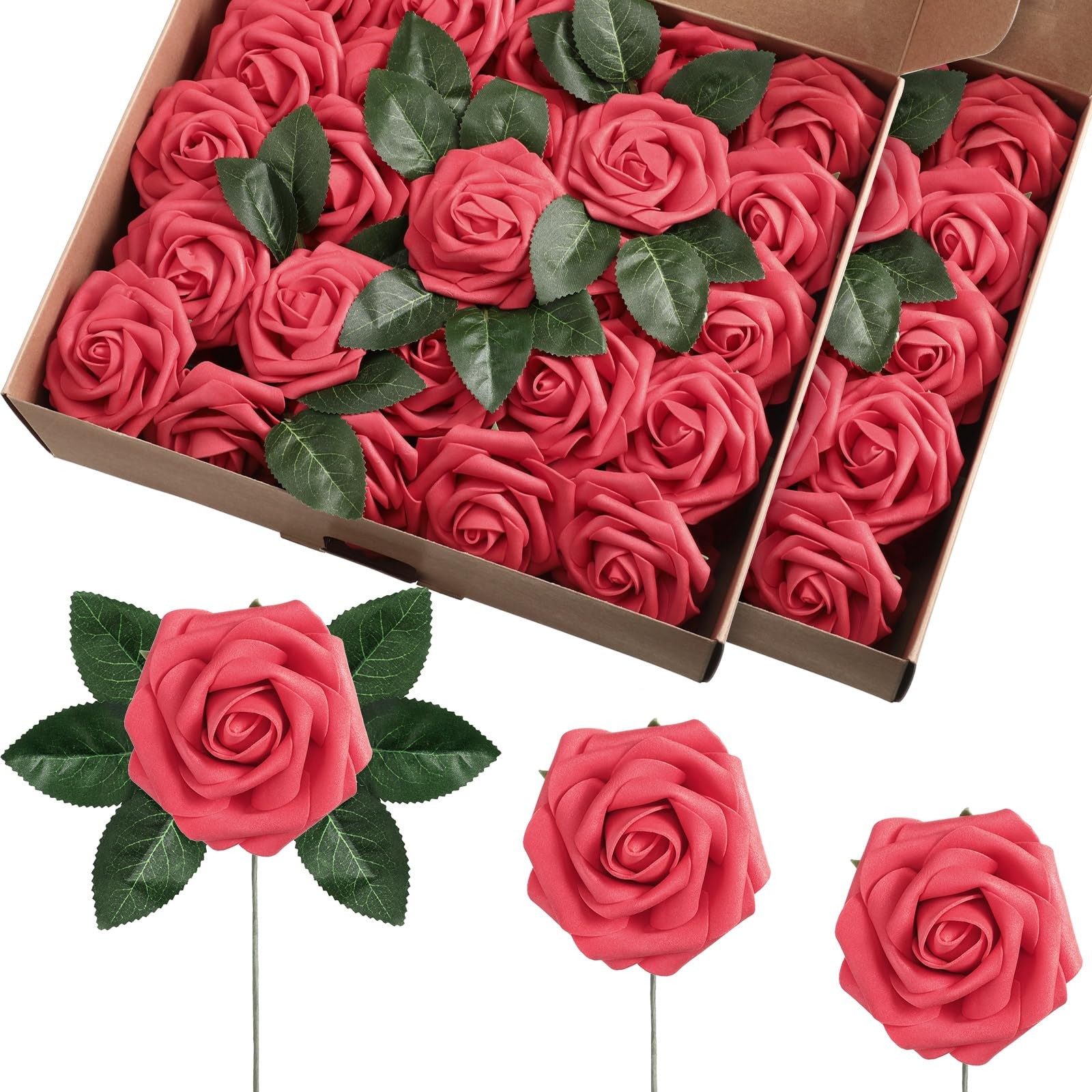 100 Pcs Artificial Flowers Real Looking Rose Flowers Foam Fake Roses With Leaves