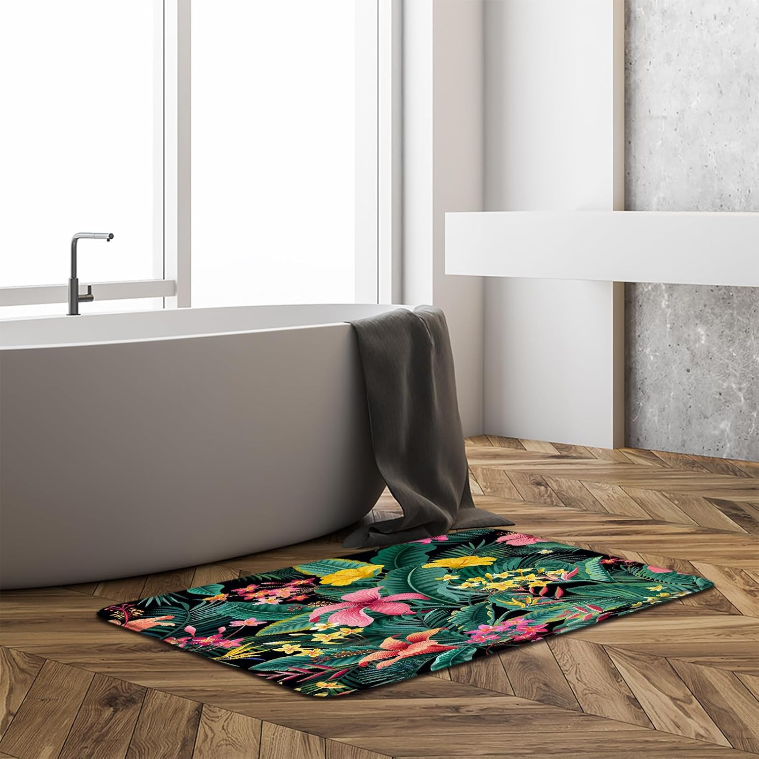 Tropical Leaves Flower Bath Mat Green Palm Banana Leaf Pink Floral Plant Botanic