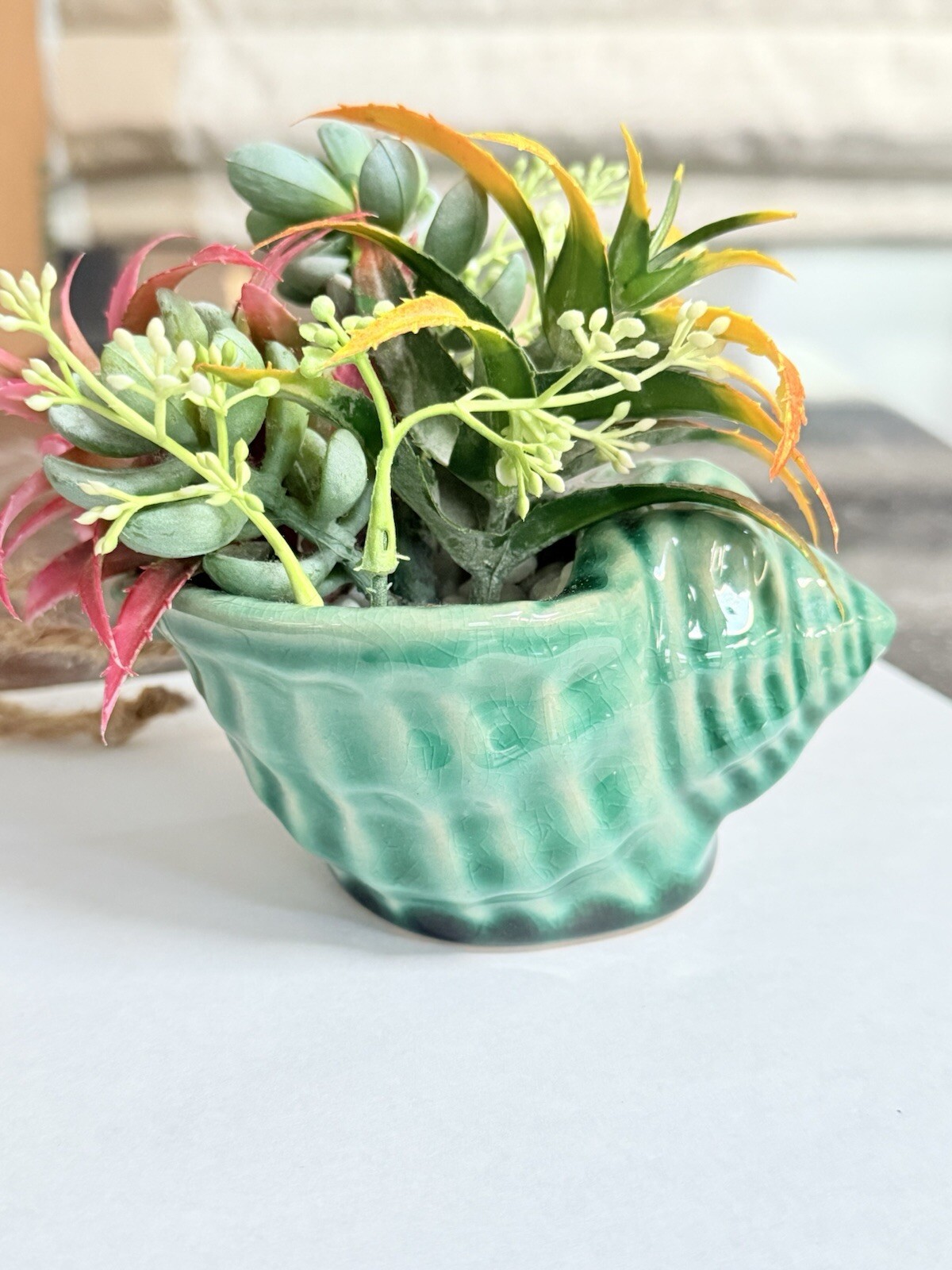 Fake Assorted Plants Faux Succulents in VTG Seashell Hanging Pot Realistic Plant