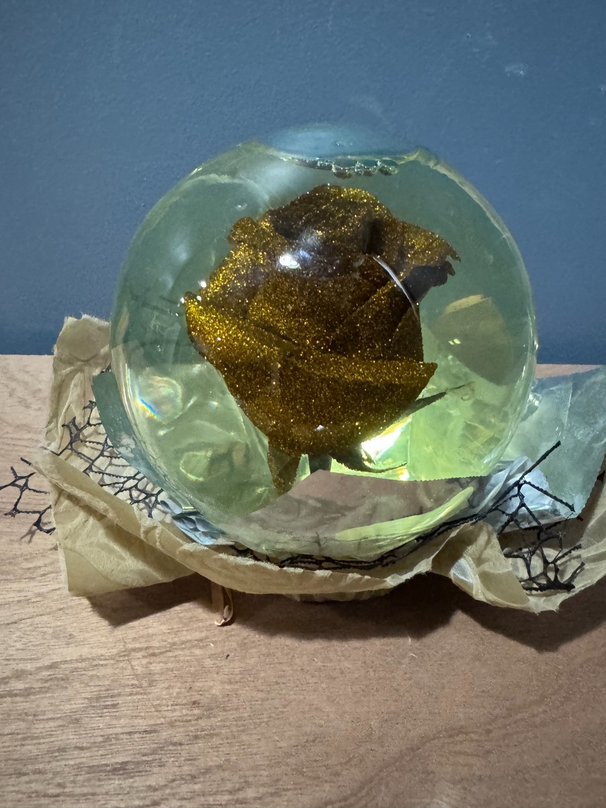 Forever Gold Glitter Rose In Glass Ball Water Dome Globe Large Real Rose Rare