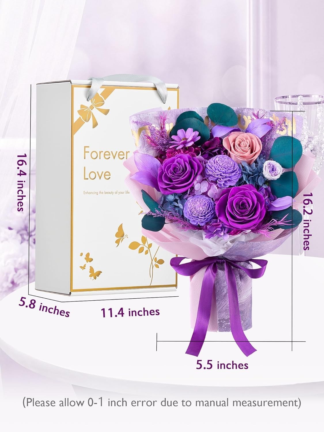 Preserved Roses and Purple Flowers Bouquet for Mother’s Day and Special Occasion