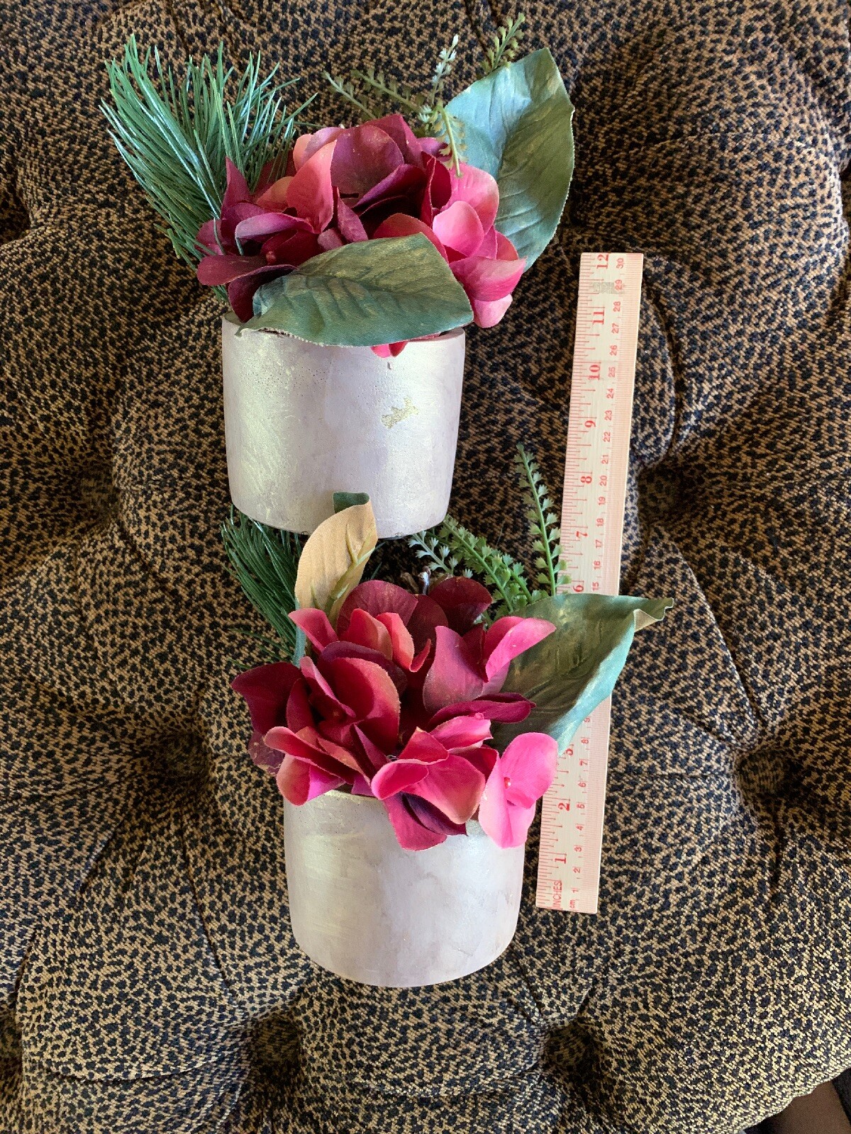 2 Red Hydrangea Floral Plant Greenery Faux Silk Stone Pot 7” Decor Accent