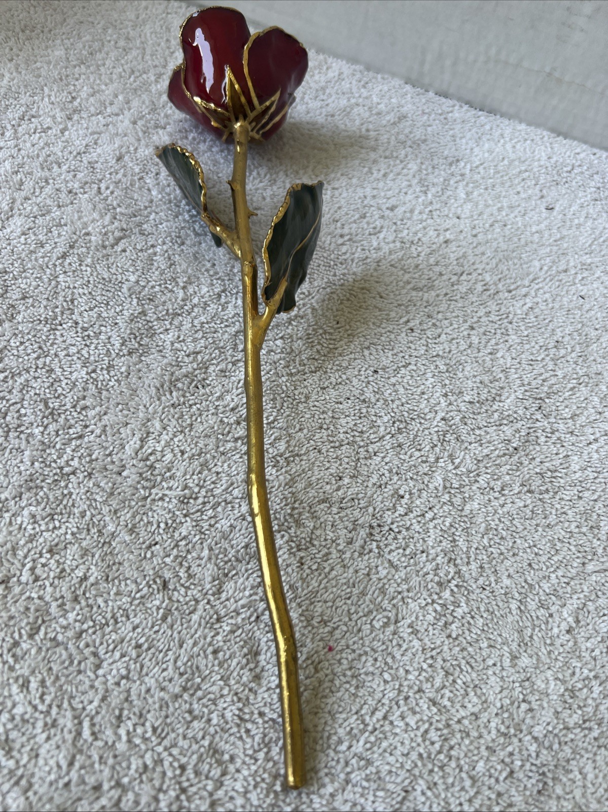 Handcrafted Preserved Red Rose Gloss Laquered With 24K Gold Plated Trimmed